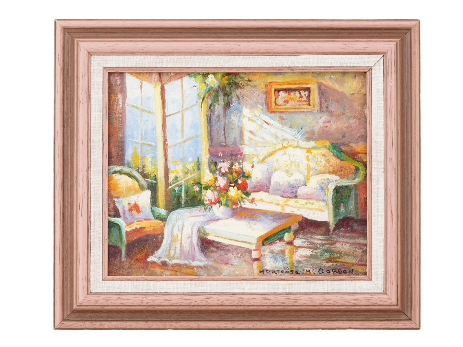 MODERNIST INTERIOR OIL PAINTING FRAMED: An oil painting on canvas depicting an interior. Signed lower right. Framed. Modernist and Contemporary, Fine Art, Abstract and Figurative Paintings, and Collectibles. One of a kind artwork. TH