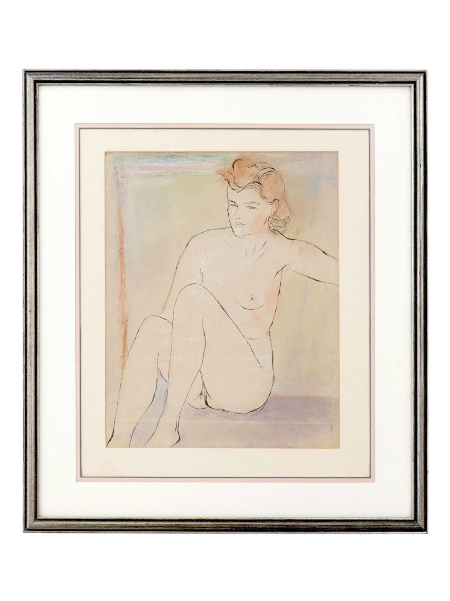 MODERNIST FEMALE NUDE PORTRAIT MIXED MEDIA PAINTING: A Modernist mixed media painting on paper depicting a portrait of a seated nude woman. Unsigned. Framed. Modernist and Contemporary Fine Art, Female Portrait Paintings, and Collectibles. One of a kind