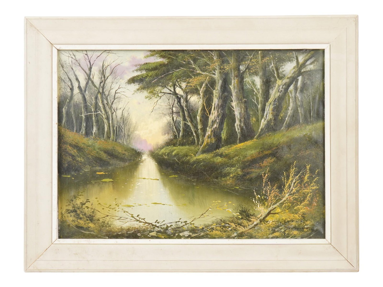 LANDSCAPE OIL PAINTING SIGNED STEVENS: An oil painting on canvas depicting a landscape. Signed Stevens lower right. The scene depicts a calm body of water, flowing through a wooded area. Framed. Inscribed on the back side: Louisiana Bayou 
