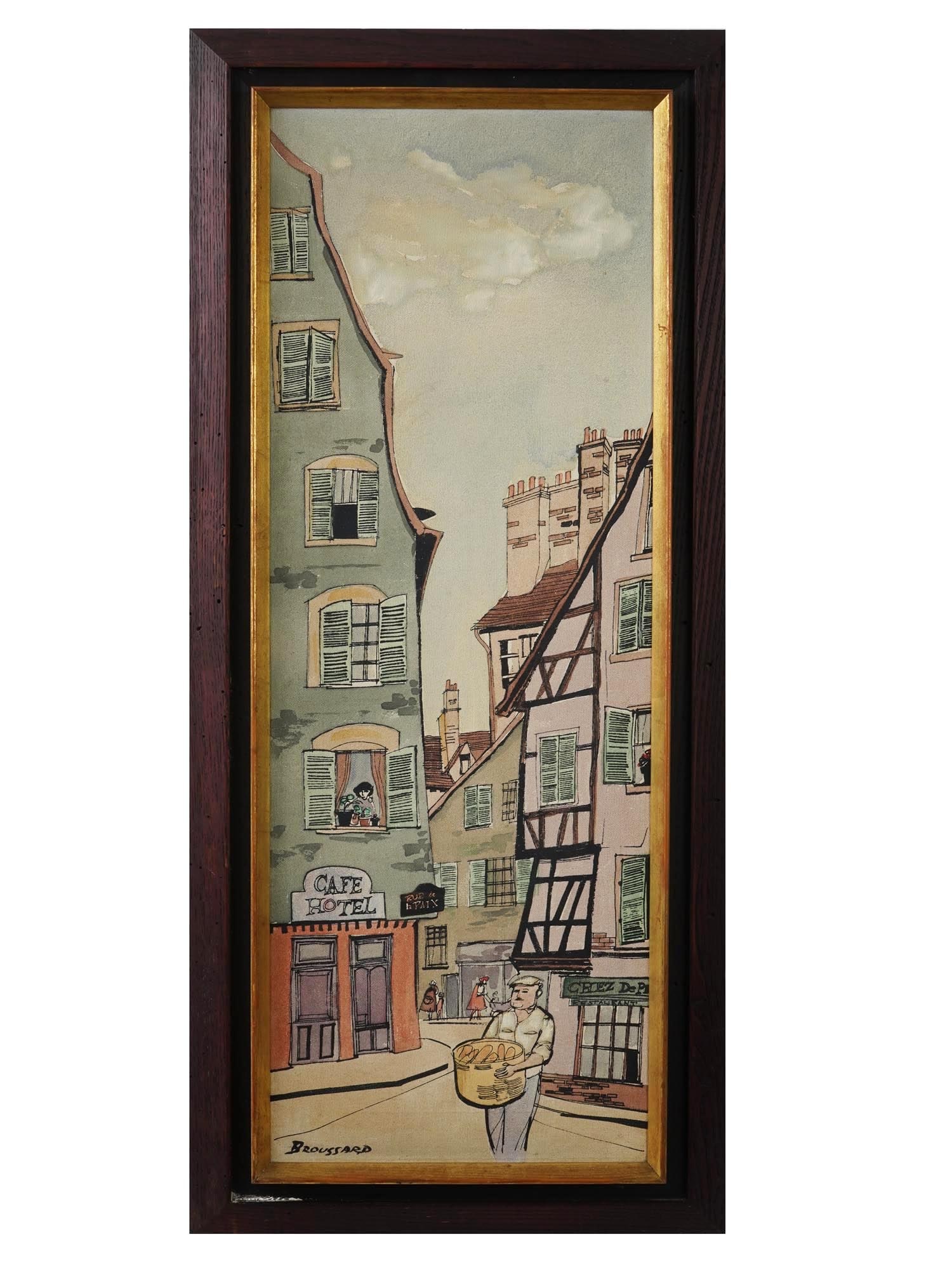 FRENCH CITYSCAPE MIXED MEDIA PAINTING SIGNED: Acrylic and watercolor on canvas painting. Late 20th century. The artwork depicts a cartoon-like view of an old French town. Signed by the artist in the lower left, Broussard. Wooden frame. Collectibl