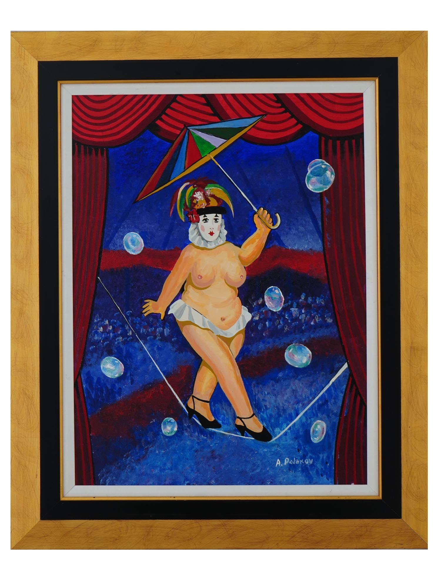 MODERN RUSSIAN OIL PAINTING BY ALEXANDER POLYAKOV: Alexander Polakov or Polyakov, a Contemporary Russian artist, a portrait of a semi nude ropewalker woman in the circus arena. Signed lower right. Framed. Modern and Contemporary Russian Fine Art, Nude