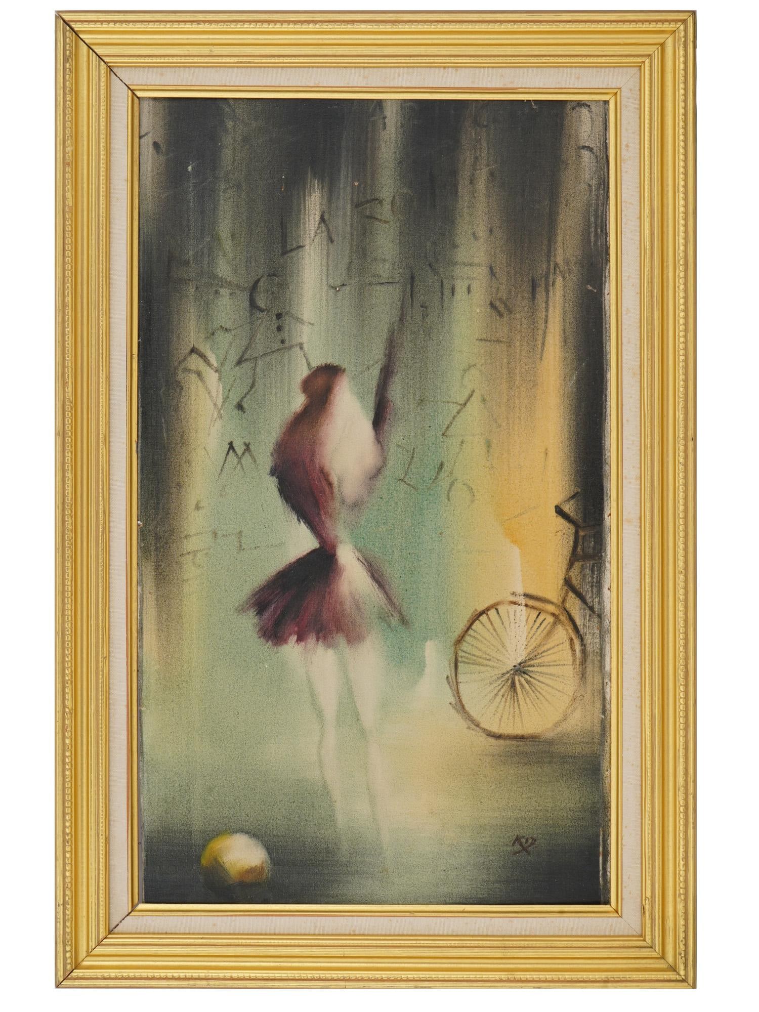 MID CENTURY OIL PAINTING ABSTRACT SCENE SIGNED K.D.: A modernist oil painting on board depicting an abstract scene with a female figure, signed K.D. lower right. Framed. Mid Century American Paintings And Art Collectibles. THIS LOT IS ELIGIBLE FO