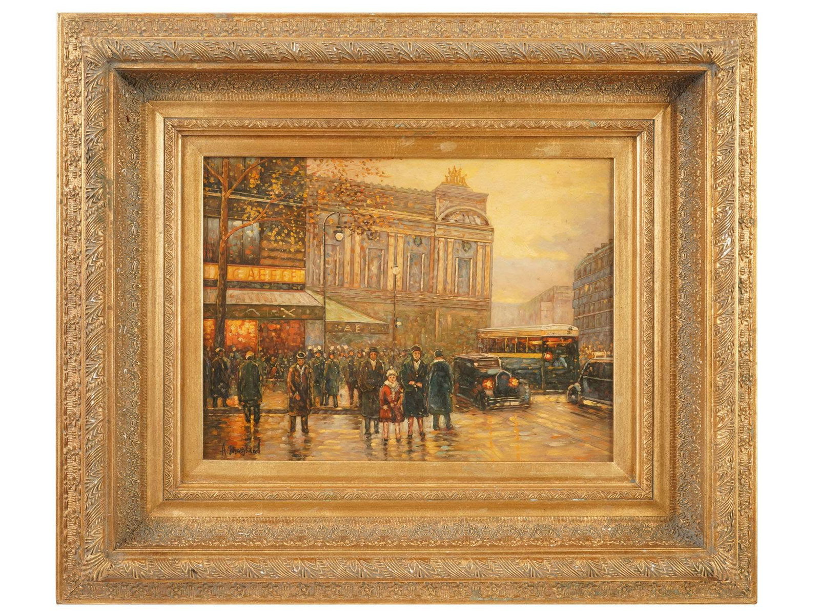 SIGNED ALBERT MUNGHARD PARISIAN STREET OIL PAINTING: Signed Albert Munghard, American, 1919 to 1998, oil painting on board depicting a Parisian street scene. Signed lower right. Framed by a decorative gilt wood frame. Albert Munghard is known for the Be