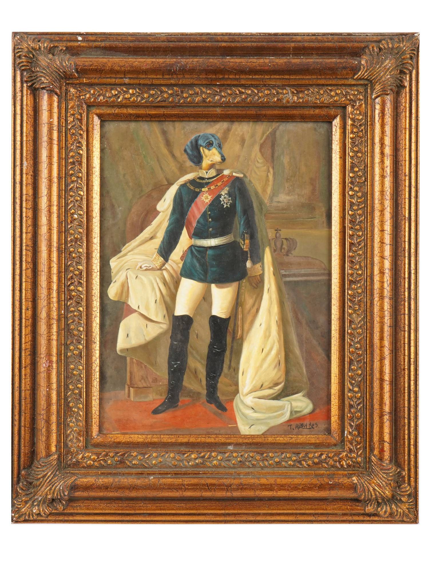 MODERNIST PORTRAIT OIL PAINTING SIGNED ARGYROS: An oil painting on board depicting an anthropomorphic portrait of a dog after the original portrait of King Ludwig II of Bavaria. Signed, T. Argyros, lower right. Framed. Troy Argyros is a contemporar