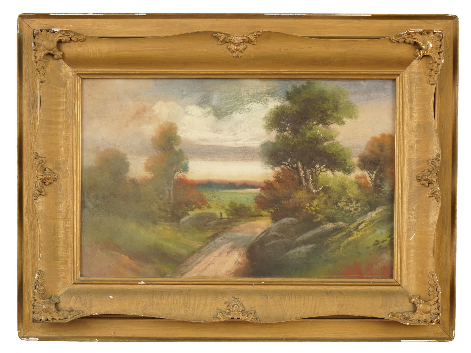 20TH CENTURY FOREST LANDSCAPE PASTEL PAINTING FRAMED: A 20th century pastel painting on paper depicting a forest landscape. Unsigned. Presented in a frame. Antique and Vintage European School Fine Art, Landscape Paintings, and Collectibles. One of a kind
