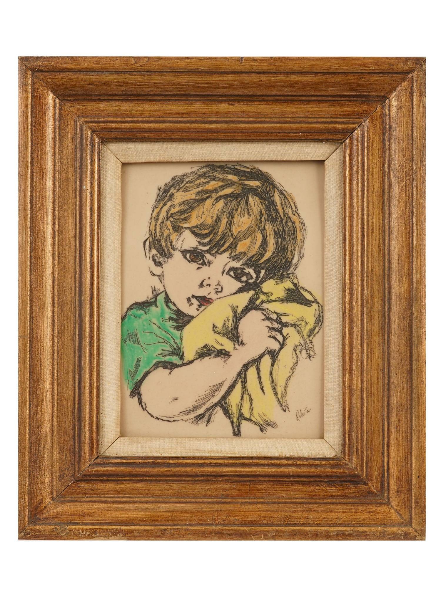 PORTRAIT HAND COLOR NCISED PANEL SCRATCHBOARD SIGNED: A hand colored incised panel scratchboard depicting a portrait of a boy. Signed by the artist, Roberta, lower right. Framed. Modernist and Contemporary Fine Art, Childrens Portrait Artworks, and Colle