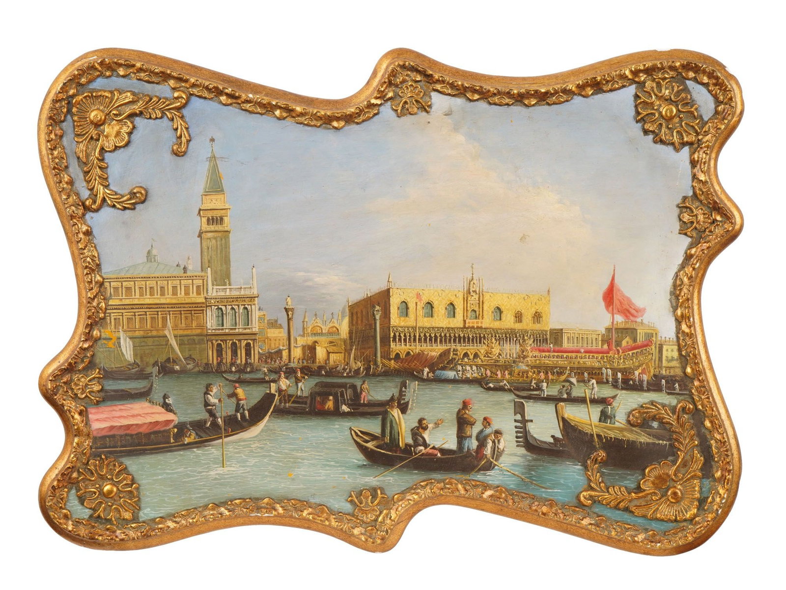 VENETIAN CITYSCAPE OIL PAINTING IN MANNER OF CANALETTO: An oil on board painting in the manner of Canaletto Giovanni Antonio Canal, Italian, 1697 to 1768. Depicts a classic Venetian veduta, capturing the bustling activity along the Molo with the Doges Pala