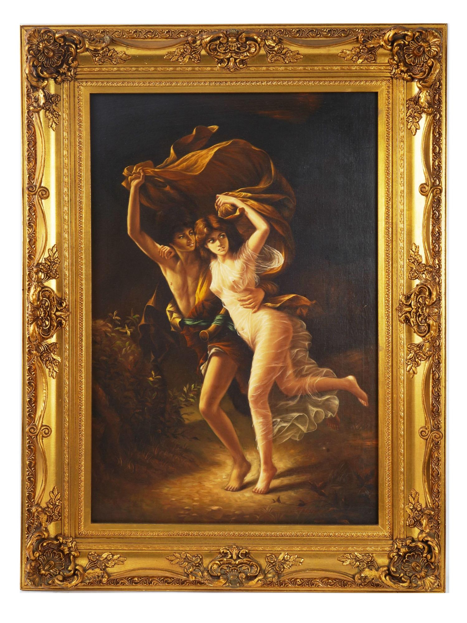 VINTAGE OIL PAINTING AFTER PIERRE AUGUSTE COT: A vintage oil on canvas painting after the original work The Storm by the French artist Pierre Auguste Cot, 1880. The original of this work is kept in the collection of the Metropolitan Museum of Art 