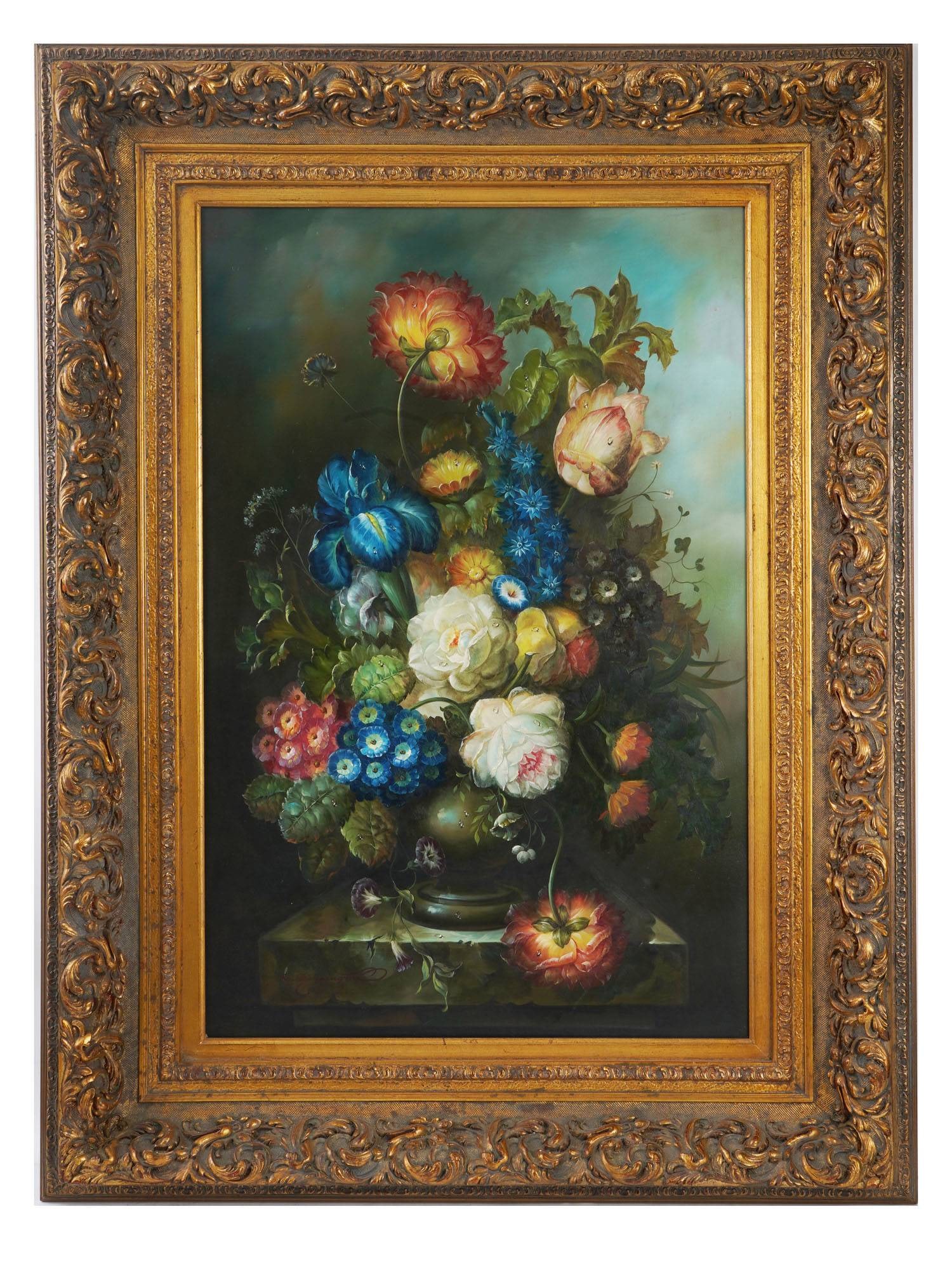 R BENNINGTON ENGLISH STILL LIFE OIL PAINTING: An oil on canvas still life painting by R. Bennington, a British Impressionist and Modern artist. Circa the late 20th century. The painting depicts a lush bouquet of flowers in white, red, and blue. S