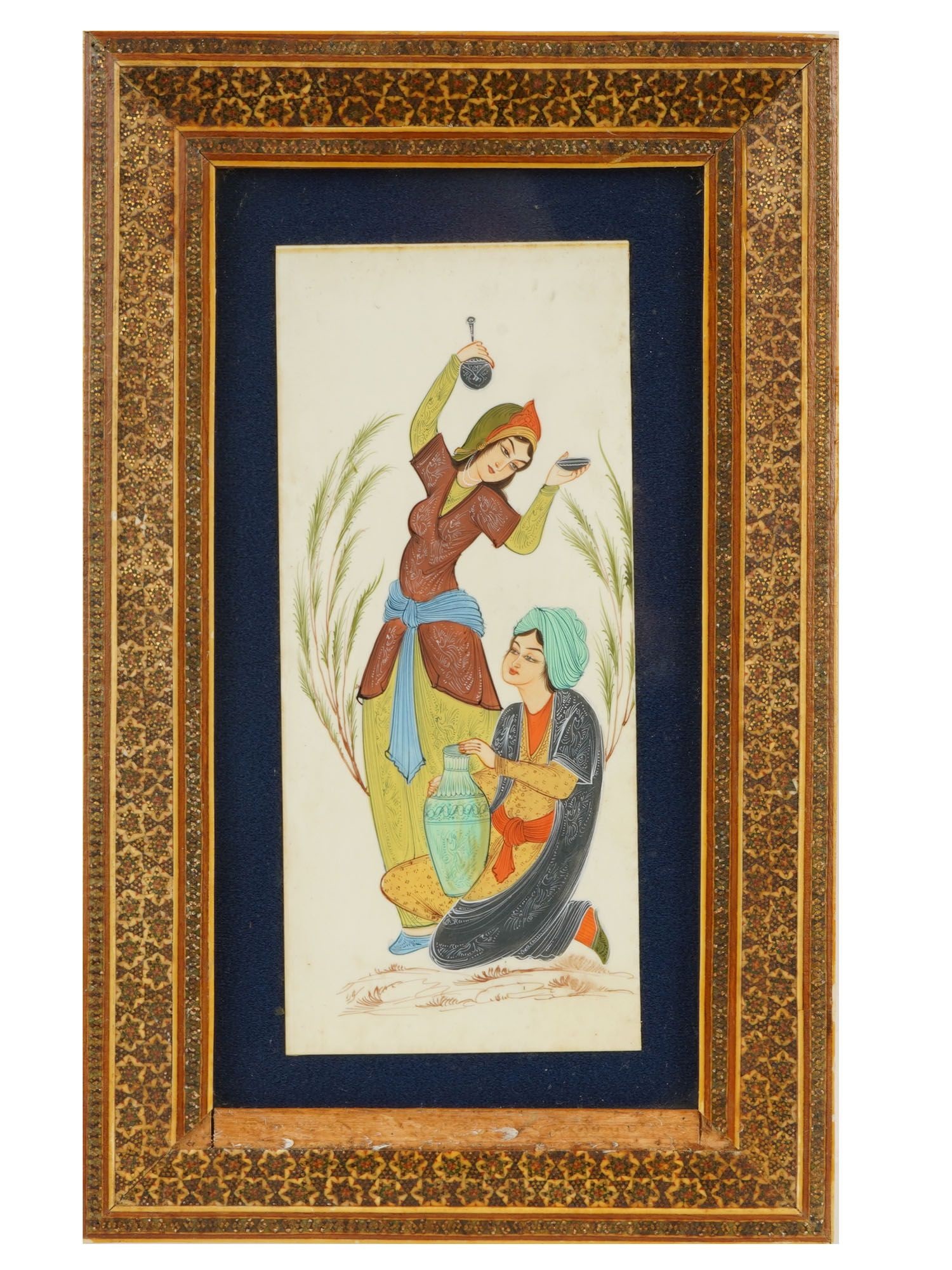 MID CENTURY PERSIAN MINIATURE PAINTING FEMALE PORTRAIT: A Persian miniature painting. Pahlavi Iran, ca. 1950s to 1970s. Gouache and ink on paper. The artwork depicts two women with vases and pitchers. Matted and framed. Arabic Islamic Oriental Graphic Art 