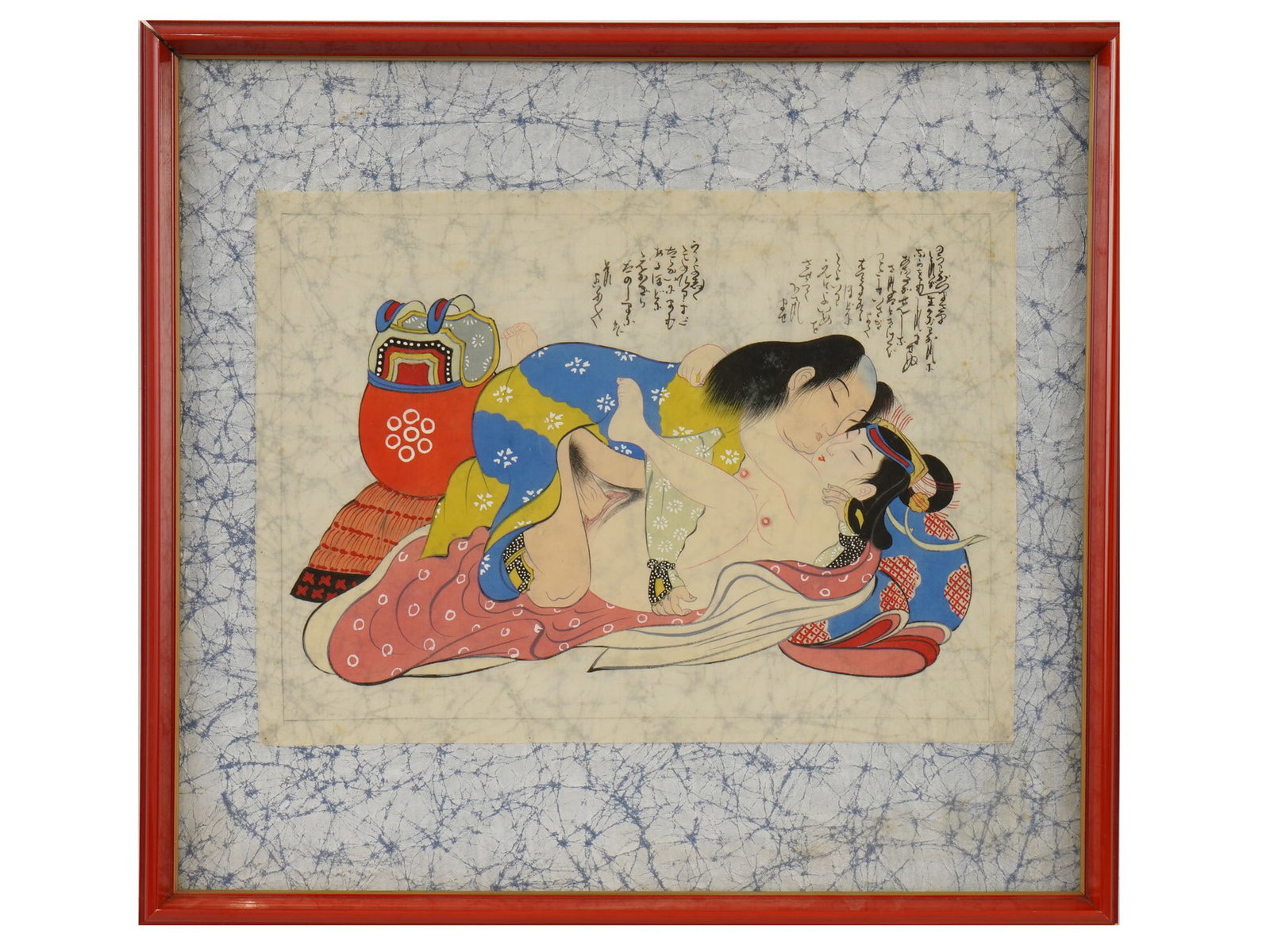 JAPANESE SHUNGA EROTIC PAINTING ON SILK: A Japanese Shunga erotic painting on silk. It depicts an intimate embrace between a couple. Notably, a suit of Samurai armor and a distinctive red quiver filled with arrows sit right beside them, sugg