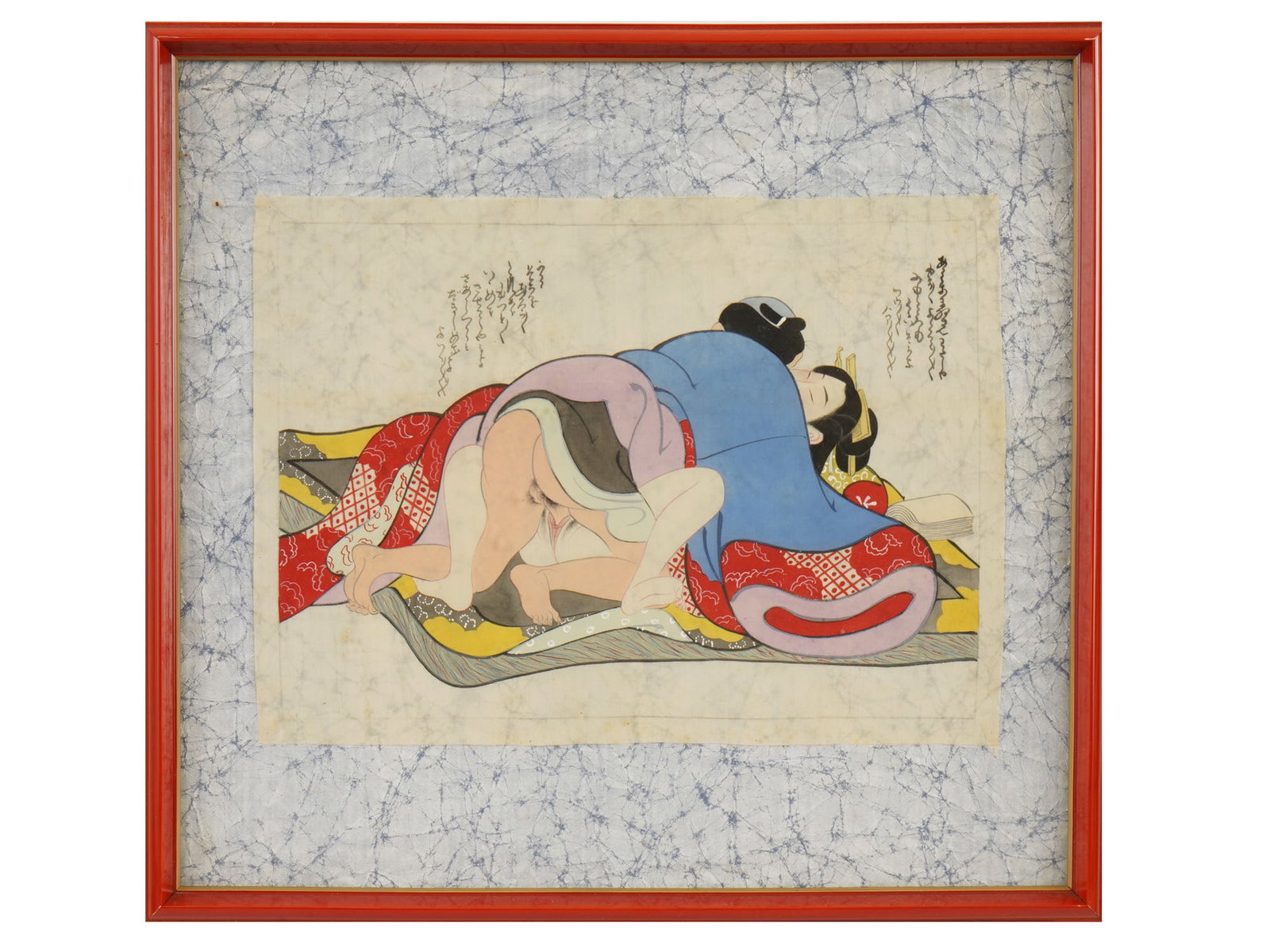JAPANESE SHUNGA EROTIC PAINTING ON SILK: A Japanese Shunga erotic painting on silk depicting an amorous couple in traditional patterned kimono. The composition includes vertical columns of calligraphic inscriptions in cursive script, charact