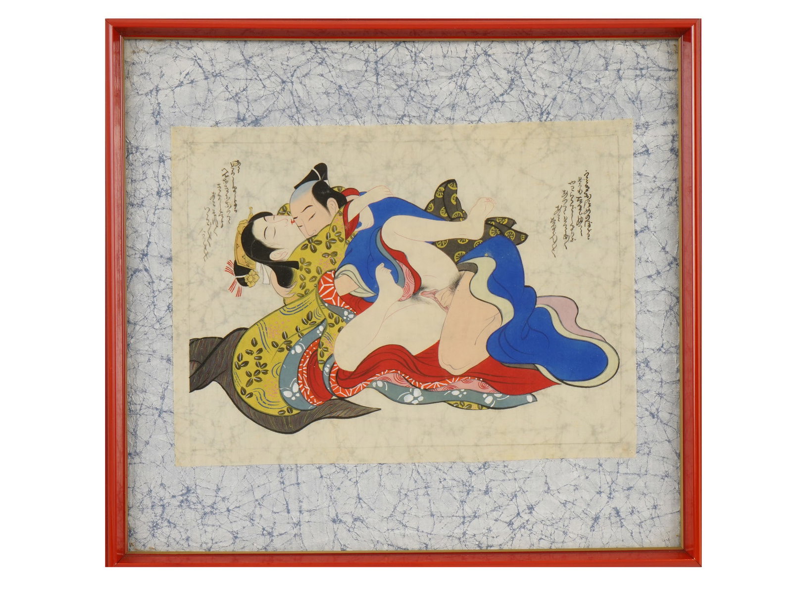 JAPANESE SHUNGA EROTIC SCENE PAINTING ON SILK: A Japanese Shunga painting on silk depicting an erotic scene with a couple in traditional patterned kimono. The composition includes vertical columns of calligraphic inscriptions in cursive script, ch
