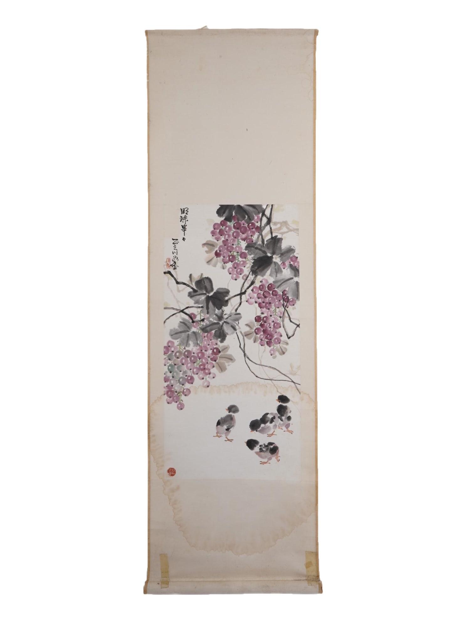 ANTIQUE CHINESE HUANYAO HANGING SCROLL PAINTING: An antique Chinese mixed media with ink on paper Huanyao hanging scroll painting. The painting depicts grapes and birds, grapes often symbolize abundance and prosperity in Chinese art. Inscribed with 