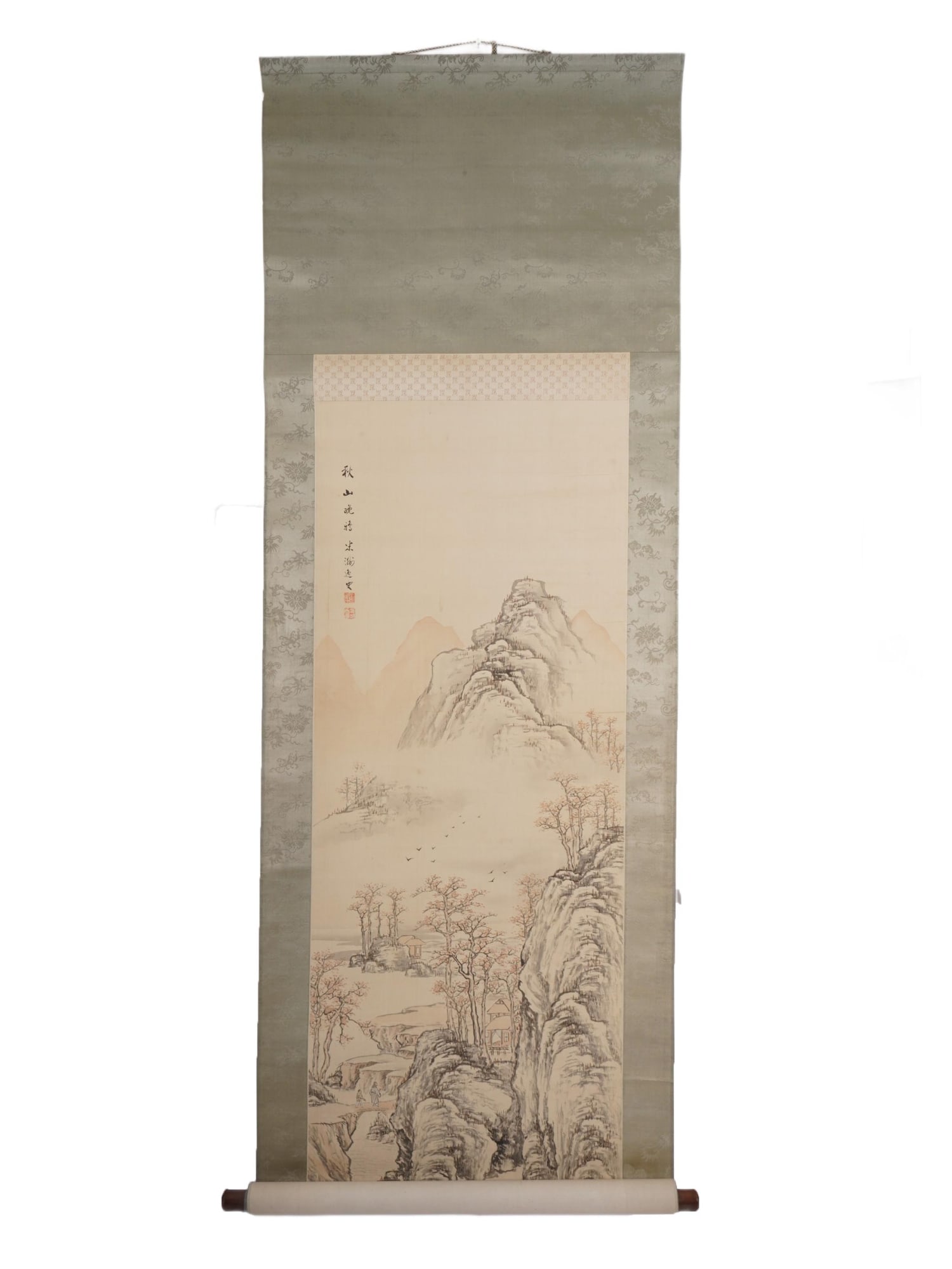 ANTIQUE JAPANESE HANGING SCROLL LANDSCAPE PAINTING: An antique Japanese landscape painting presented as a hanging scroll, a traditional East Asian art form intended for vertical wall display. The work depicts an idealized mountain landscape with mounta
