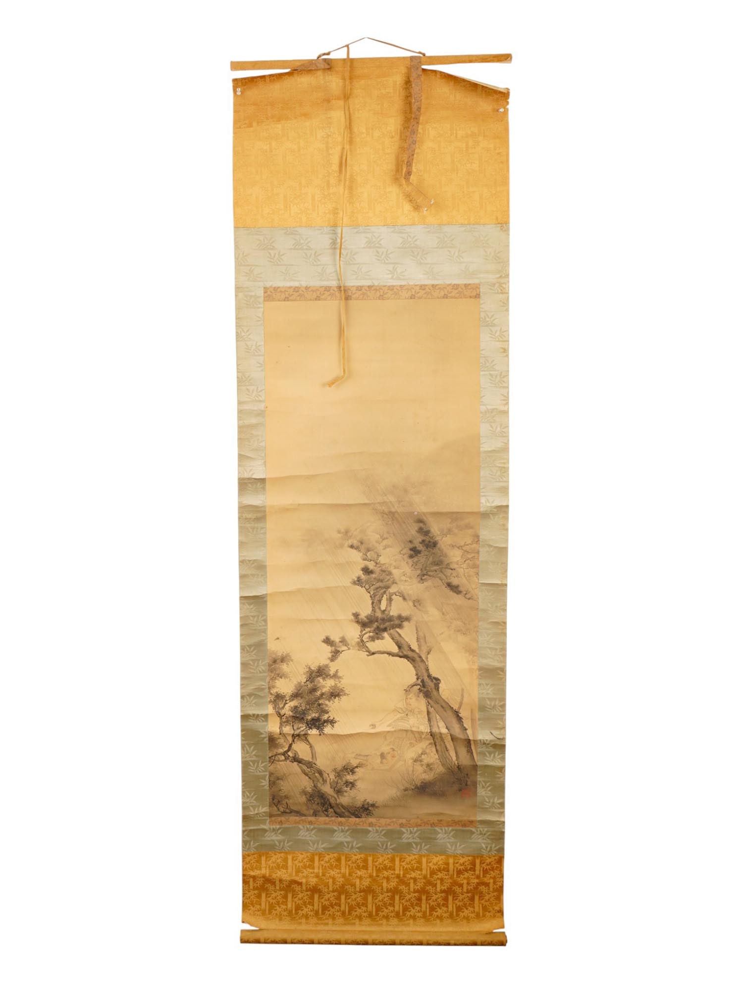 ASIAN SCROLL PAINTING ON SILK WITH WARRIORS: An Asian scroll painting featuring a landscape scene with trees and warriors, likely made in a traditional ink wash style. The painting is mounted on a patterned silk fabric. The painting depicts a dr