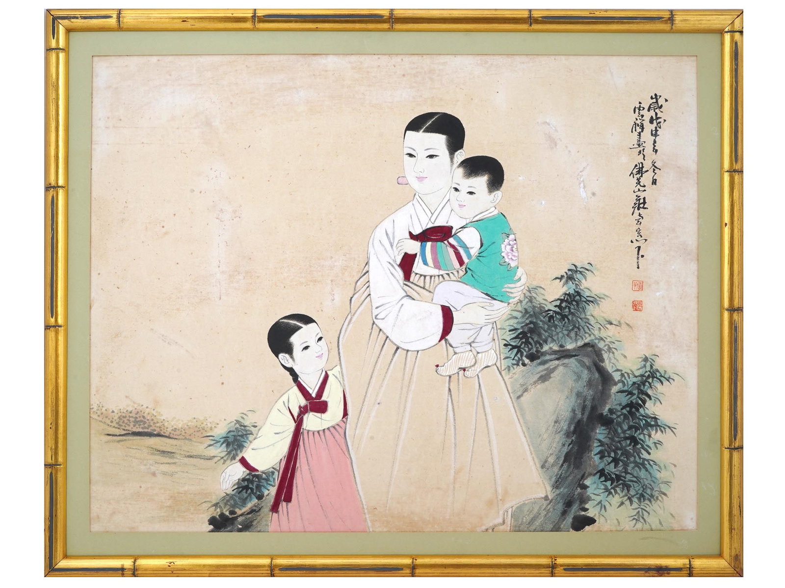 KOREAN MIXED MEDIA PAINTING BY CHANG WOON SANG: A vintage mixed media, ink, and color on paper painting by Korean artist Chang Woon Sang, 1926 to 1982. The painting depicts a family dressed in traditional Korean attire, a mother with children. Insc