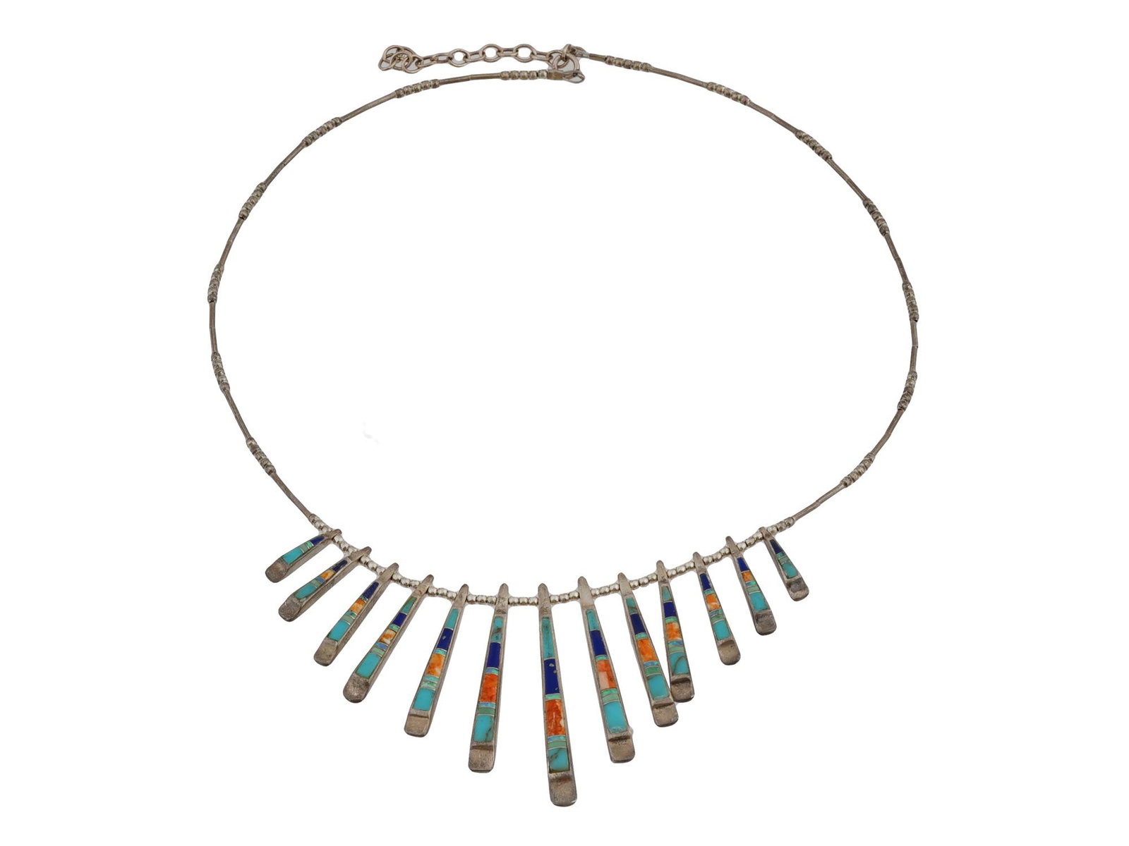 VINTAGE AMERICAN GEMSTONE INLAID SILVER NECKLACE: A vintage American 925 sterling silver necklace featuring gemstone inlay prolonged dangles, creating a striking and elegant piece of jewelry. Hallmarked. Circa the mid 20th century. Vintage American N