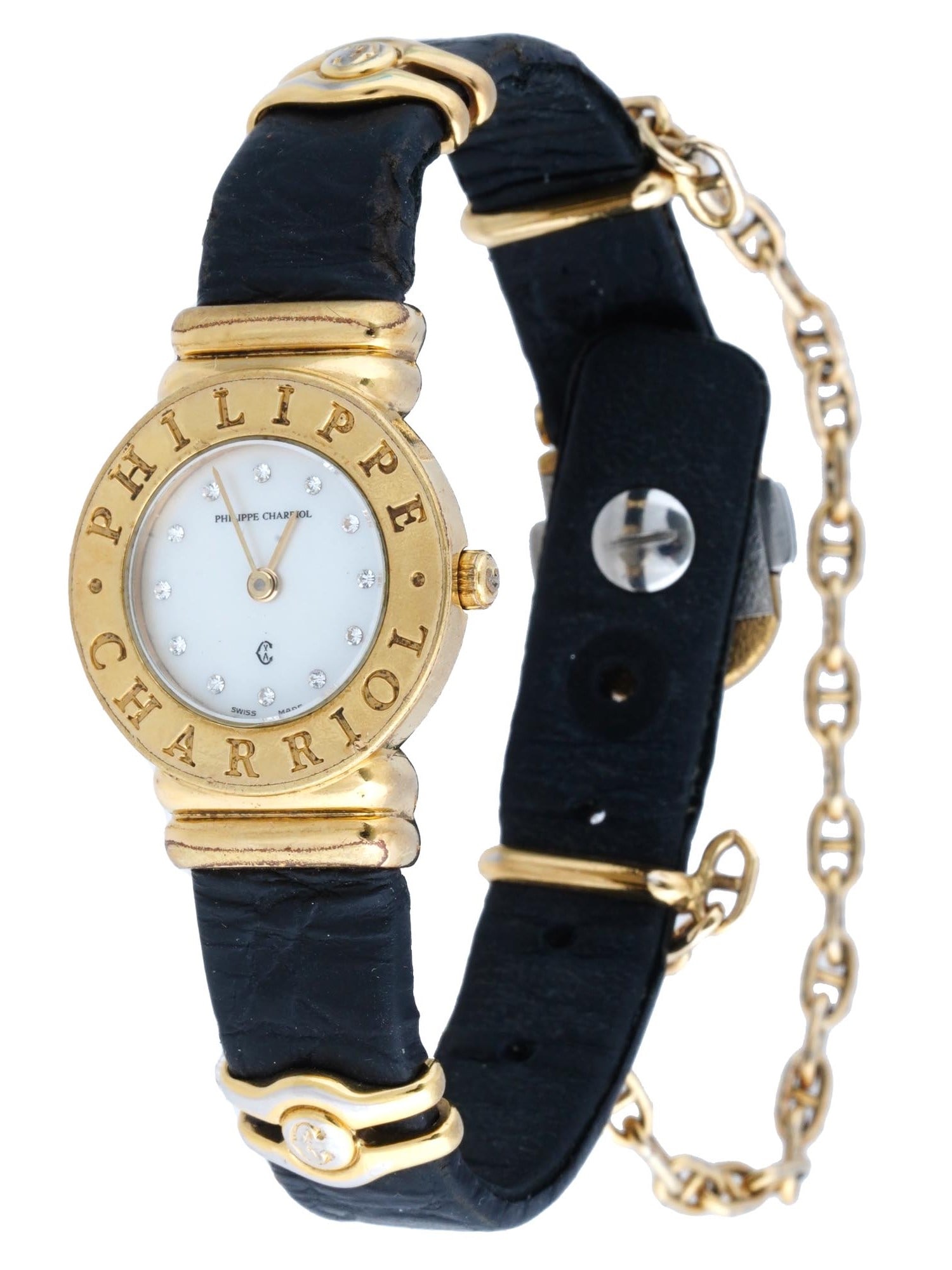 CHARRIOL ST TROPEZ LADYS GOLD PLATED WRIST WATCH: A vintage womens gilt stainless steel wristwatch by Philippe Charriol. St Tropez collection. Waterresistant. Round case, bezel decorated with relief brand name, single crown. White dial with diamond i