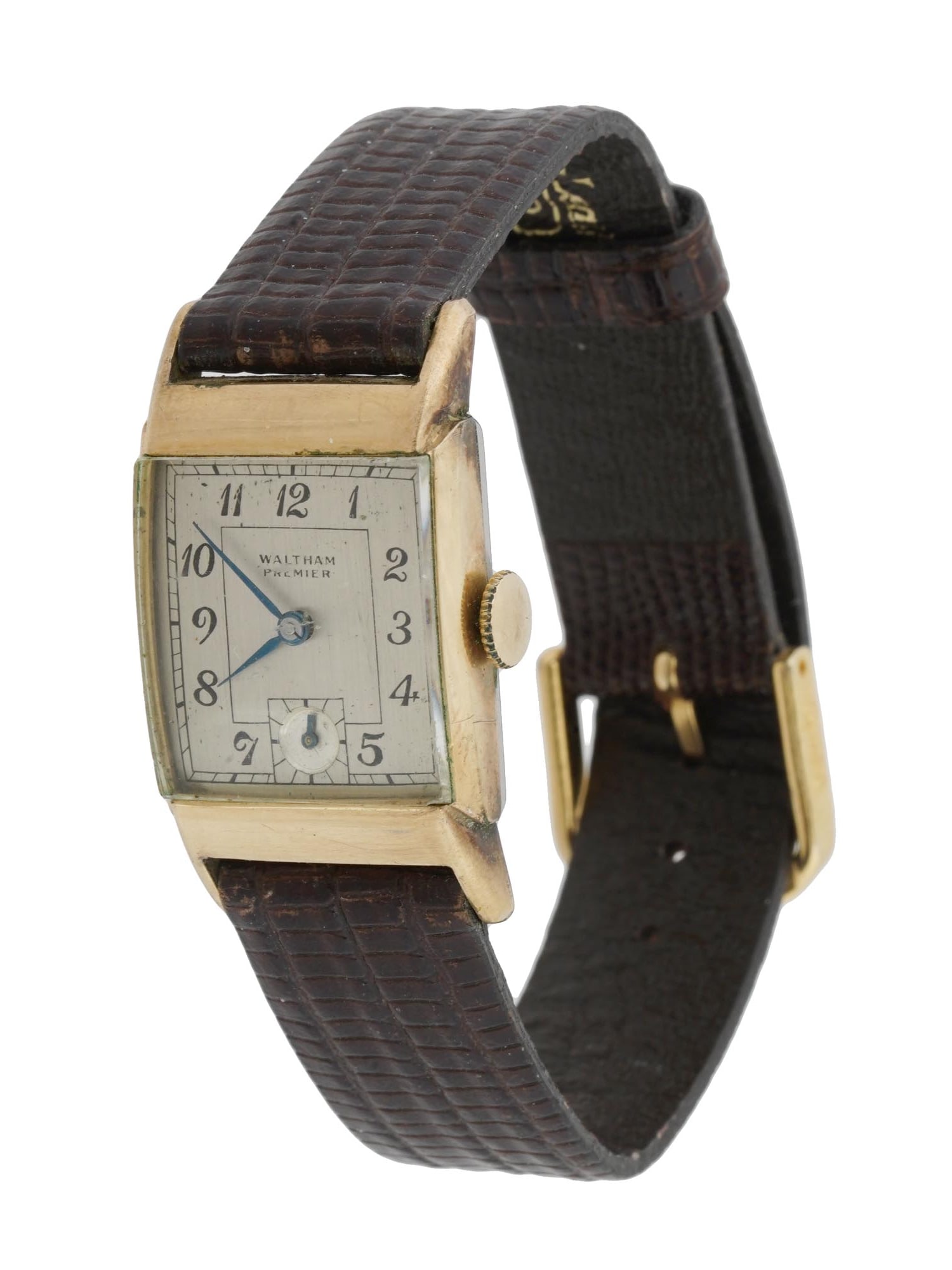 1950S WALTHAM PREMIER 10K GOLD FILLED WRISTWATCH: A vintage American wristwatch by Waltham. Premier collection, ca. 1950s. 10K yellow gold-filled case of square shape, single crown. White dial with sub-dial, Arabic numerals, marked Waltham Premier. S