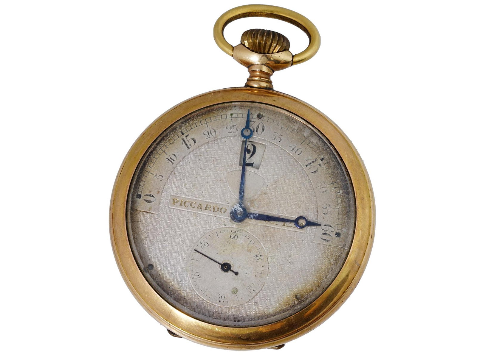 1900S ANTIQUE SWISS MODERNISTA PATENT POCKET WATCH: An antique Swiss Modernista Patent open face pocket watch. An engine turned gold filled case. An enameled dial with black Arabic numerals, inscribed Piccardo Cia Ltda. The backside is engraved, Modern