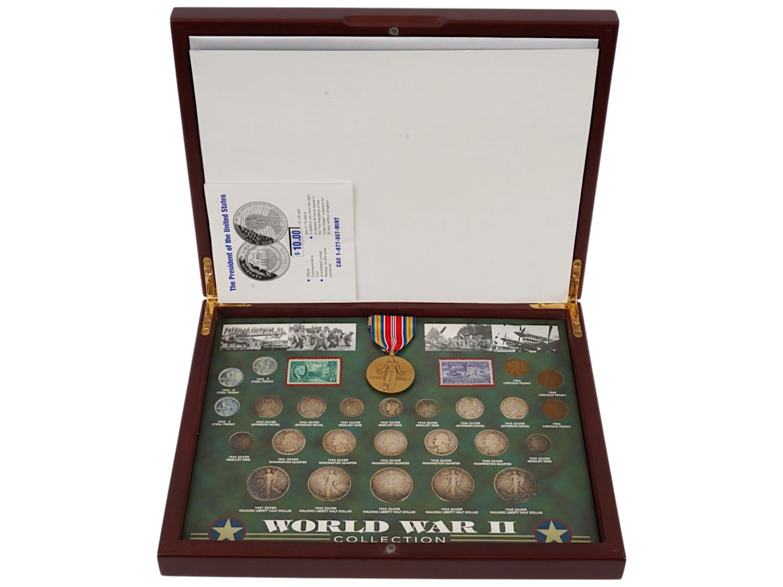 WWII COLLECTION OF SILVER COINS PENNIES STAMPS MEDALS: A comprehensive World War II commemorative collection featuring silver coins, pennies, stamps, and medals honoring the history and legacy of the Second World War. The set includes $4.25 face value in 