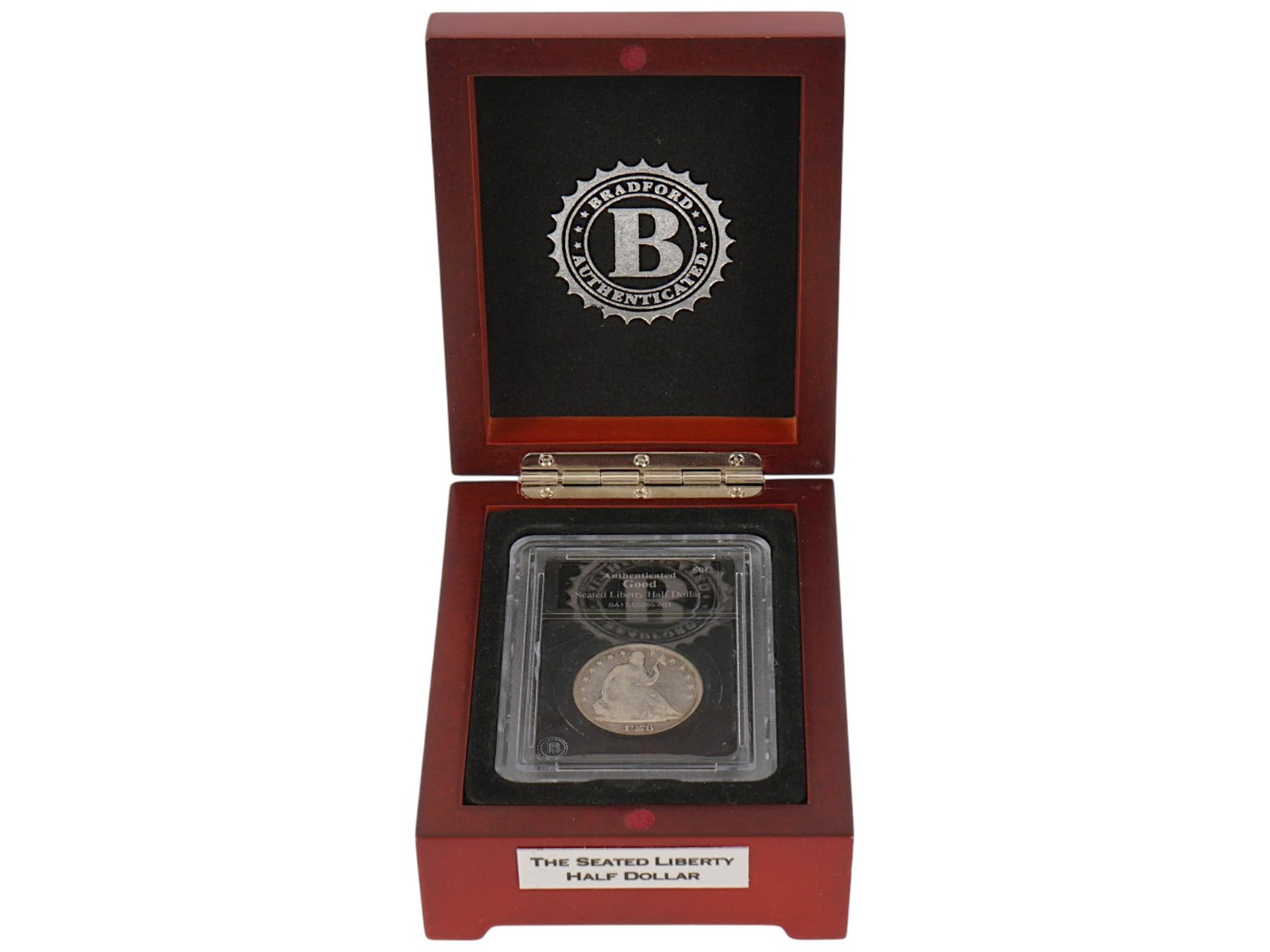 1876 SEATED LIBERTY SILVER HALF DOLLAR CERTIFIED: An antique 1876 Seated Liberty Half Dollar certified genuine and in good condition by The Bradford Exchange, representing a classic example of 19th-century United States silver coinage. This historic 