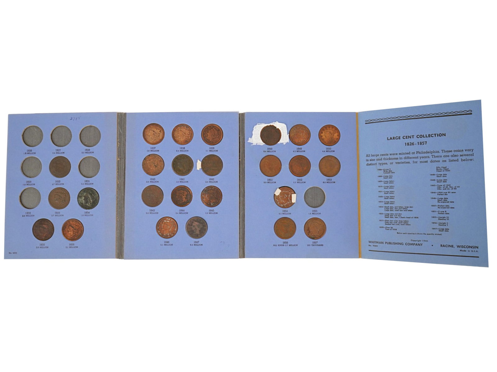 COLLECTION BOOK OF ANTIQUE UNITED STATES LARGE CENTS: A collection book of United States Large Cents spanning 1826 to 1857, representing a grouping of early American copper coinage. More than 75% complete and including many desirable key and semi-key dat
