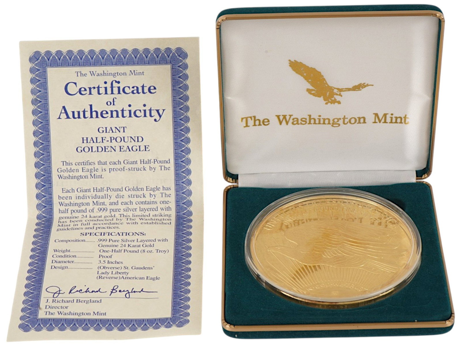AMERICAN GIANT GOLDEN EAGLE COIN WASHINGTON MINT COA: An American Giant Golden Eagle commemorative coin issued by The Washington Mint, struck in silver and layered in 24K gold, weighing a half-pound with approximately 8 troy ounces of silver content. Ind