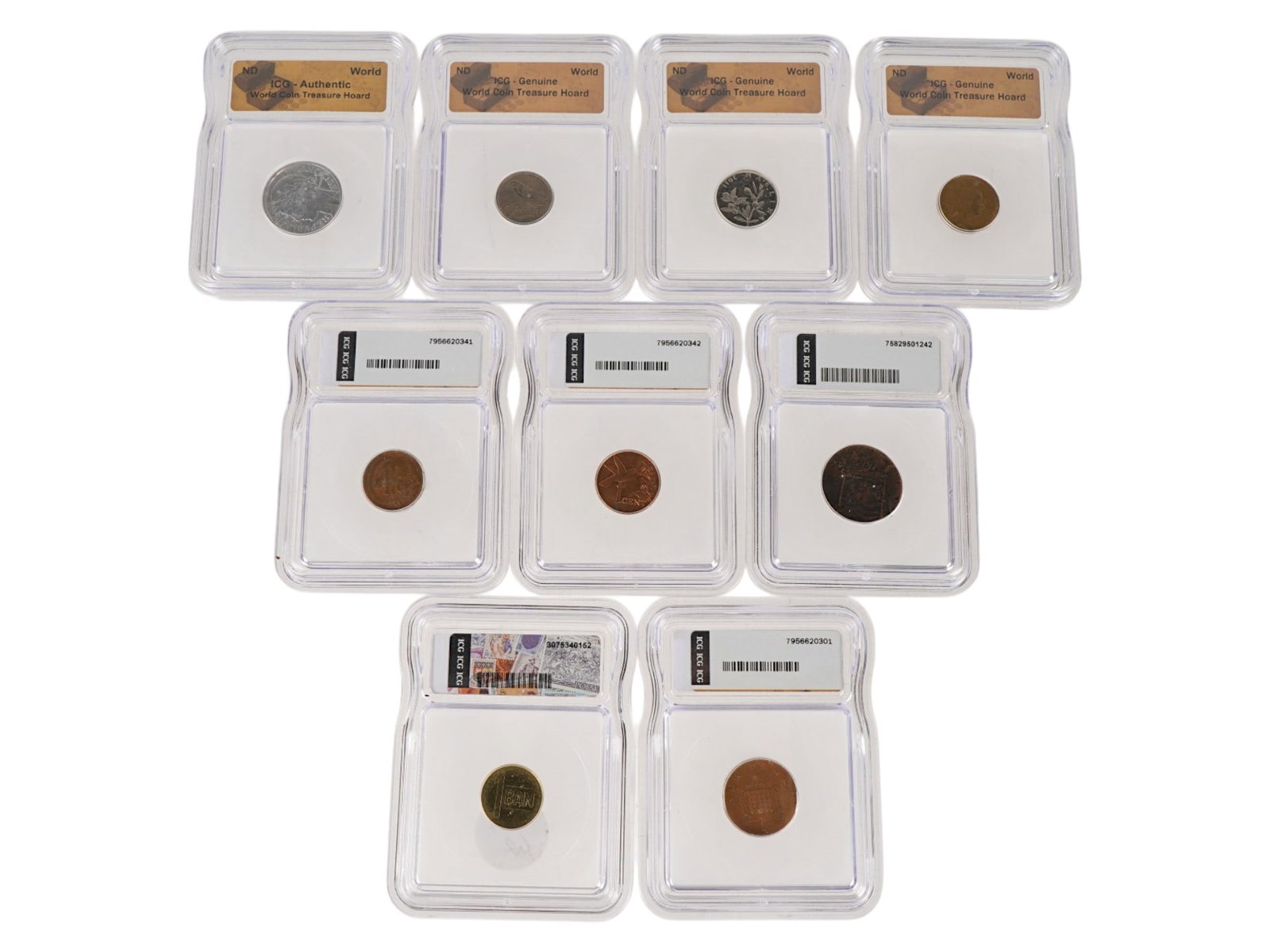 COLLECTION OF NINE GRADED WORLD COINS: A collection of nine graded world coins enclosed in professional protective plastic slabs. All coins are encapsulated by ICG. Numismatics, US And world Coins, Collectible, Investment, Coin Lot.
