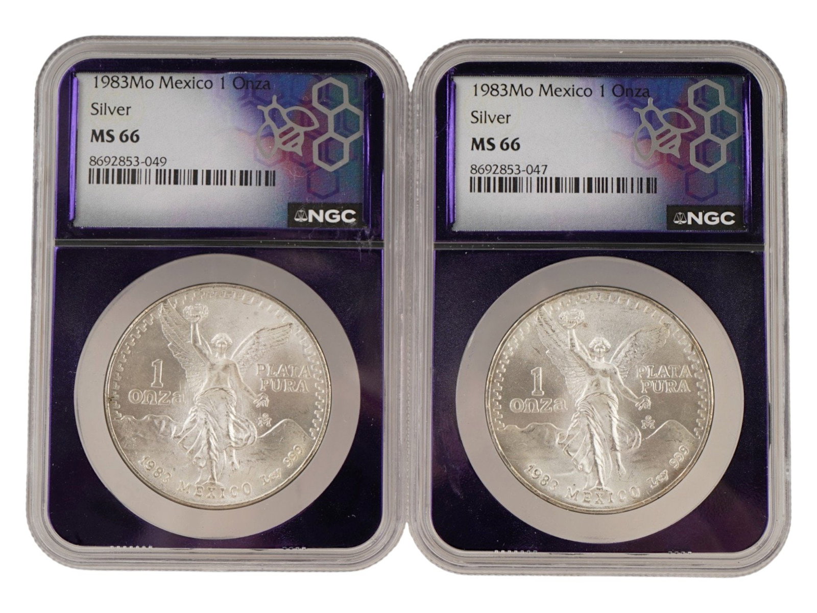 1983 MEXICAN LIBERTAD MS 66 NGC GRADED SILVER COINS: A lot of two 1 oz Mexican Libertad 1 Onza .999 fine silver coins issued in 1983 in an NGC MS66 Purple Core Trader Bea slab. The coins depict the winged goddess of Victory, Angel of Independence, again