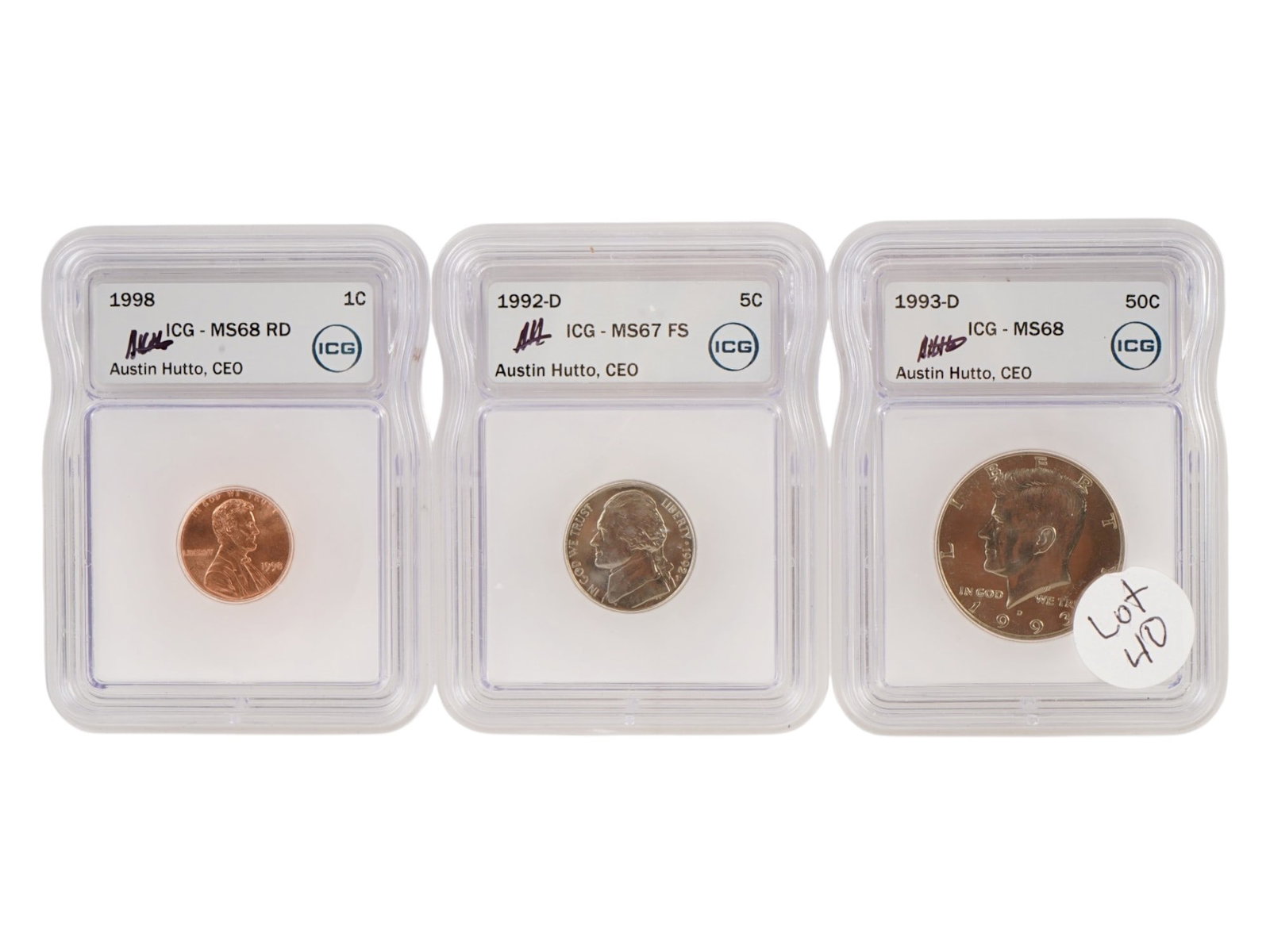 LOT OF ICG GRADED 1990S US MINT COINS: A lot of three ICG-graded coins. 1992-D Five Cents, Jefferson Nickel, MS67 FS. 1993-D Fifty Cents, Kennedy Half Dollar, MS68. 1998 One Cent, Lincoln, MS68 RD. The cases are signed by Austin Hutto, CEO