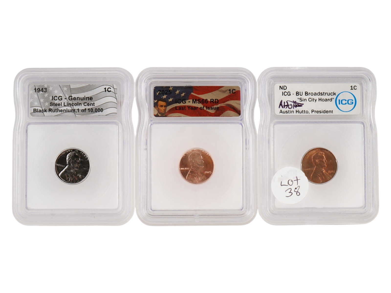 LOT OF THREE UNITED STATES LINCOLN CENTS GRADED: A lot of three US Lincoln Cents professionally encapsulated and certified by Independent Coin Graders. 1. 1943 Steel Lincoln Cent. Grade: ICG - Genuine. Labeled as Black Ruthenium, 1 of 10,000. This i