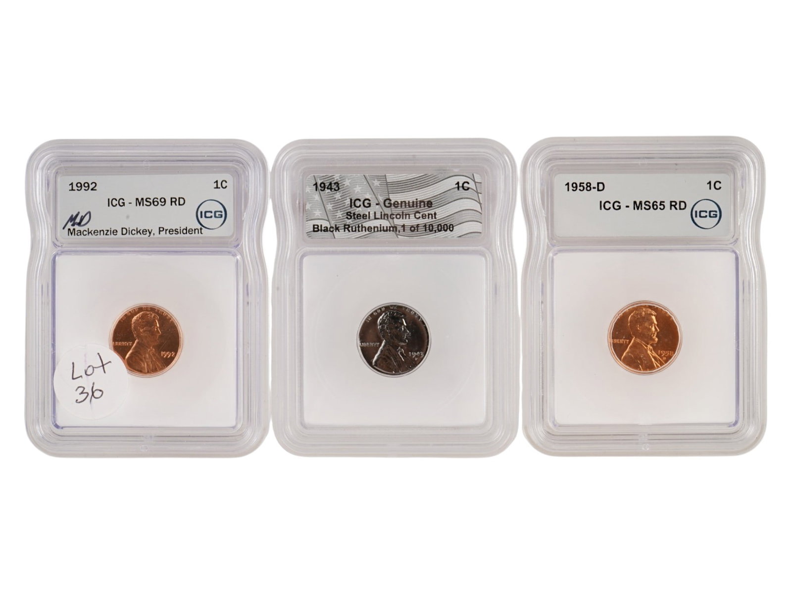 AMERICAN ONE CENT COINS LINCOLN CENTS GRADED BY ICG: A collection of three American One cent coins Lincoln cents certified by Independent Coin Graders ICG. The collection includes a 1992 1 cent hand signed by Mackenzie Dickey, President of ICG, graded M