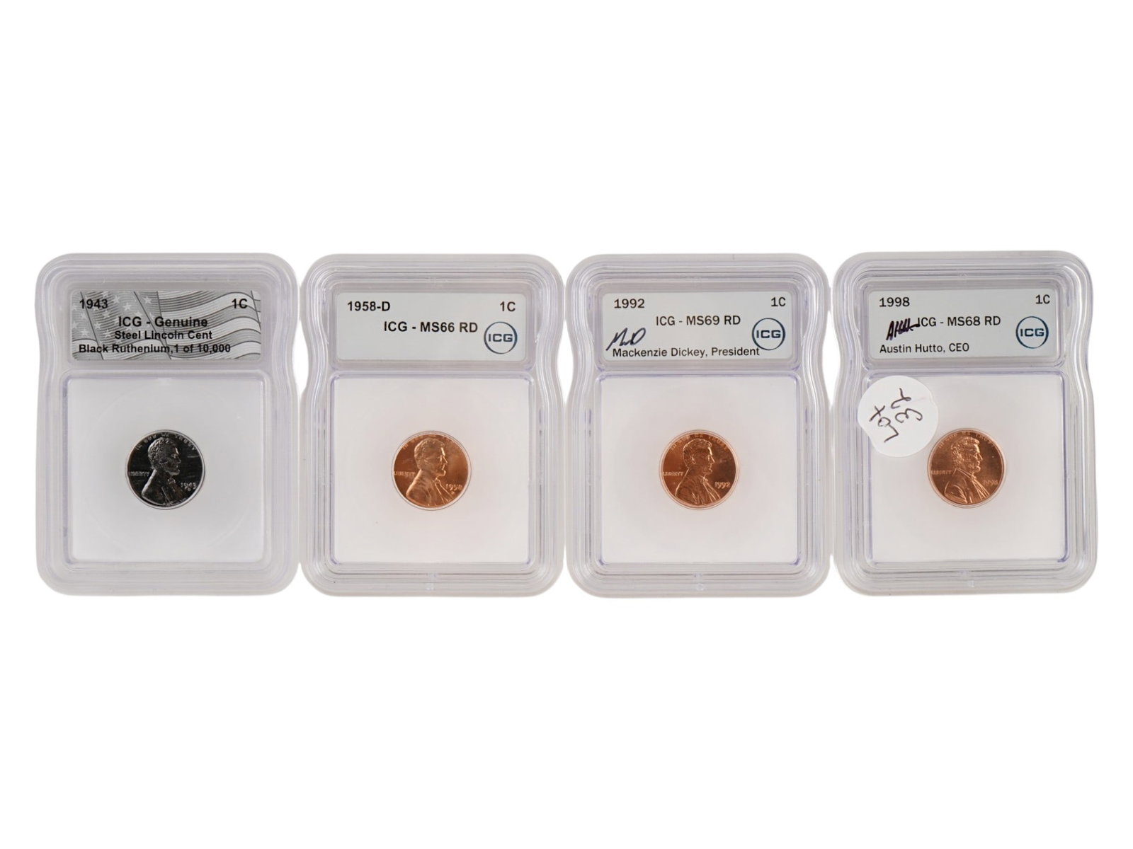 GROUP OF FOUR AMERICAN GRADED LINCOLN CENTS COIN SET: A group of four certified Lincoln Cents, each independently graded and encapsulated by Independent Coin Graders. 1. 1943 Lincoln Steel Cent: Encapsulated as ICG - Genuine and featuring a specialty Bla