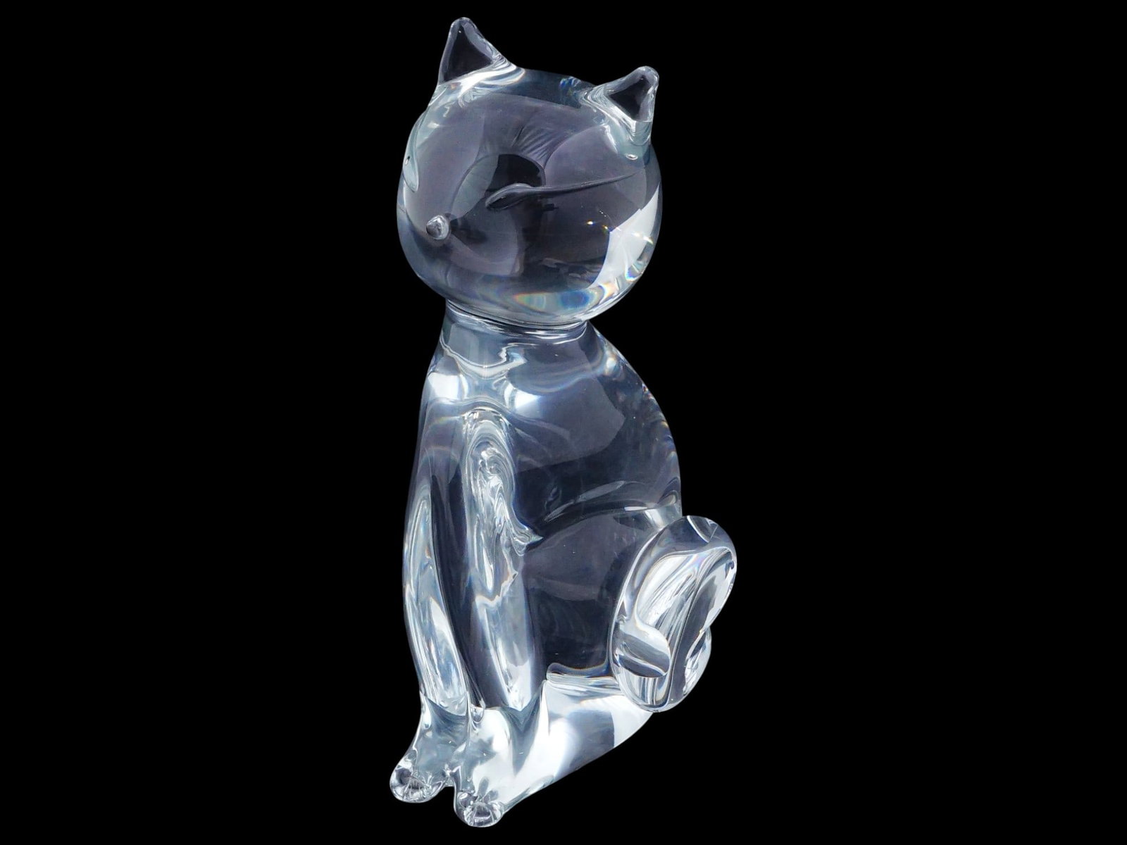VINTAGE ITALIAN MURANO GLASS CAT FIGURINE: A vintage hand-blown clear glass figurine representing a seated cat. Unmarked. Presumably an Italian production, Murano glass. Collectible Art Glass, Interior Decor, Sculpture, Animals, Gifts.