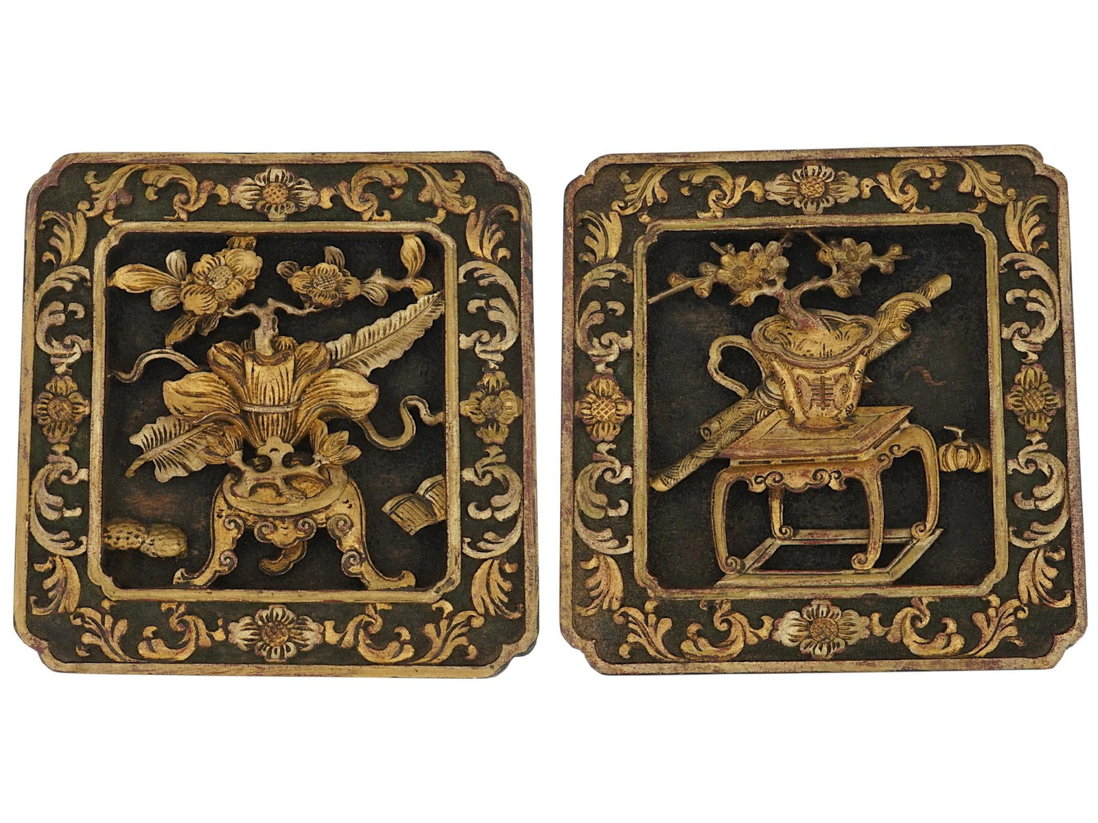 PAIR OF ASIAN CARVED WOOD DECORATIVE PLAQUES (1 of 5)