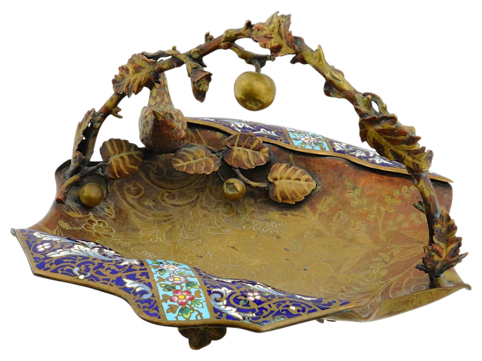 ANTIQUE FRENCH ENAMELED BRONZE CENTERPIECE BASKET: An antique French enameled bronze centerpiece basket. The scalloped rim is adorned with vibrant champleve enamel floral motifs, while the naturalistic cast-bronze handle is sculpted as twisting tree b