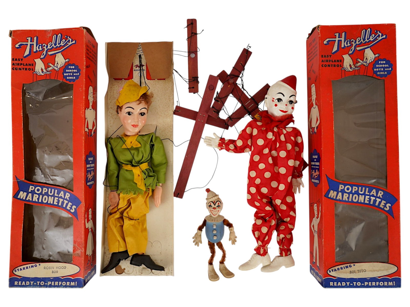 TWO HAZELLES POPULAR MARIONETTES AND ONE CLOWN FIGURINE (1 of 8)
