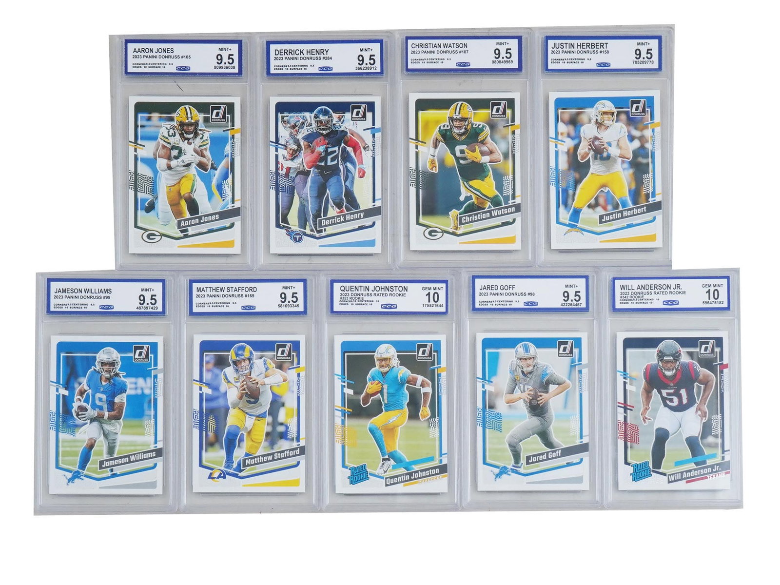 LOT OF CCG GRADED NFL CARDS: A must-have lot for NFL card collectors and enthusiasts! This auction features a lot of CCG-graded NFL cards, offering a range of high-quality, professionally graded cards. With various players from p