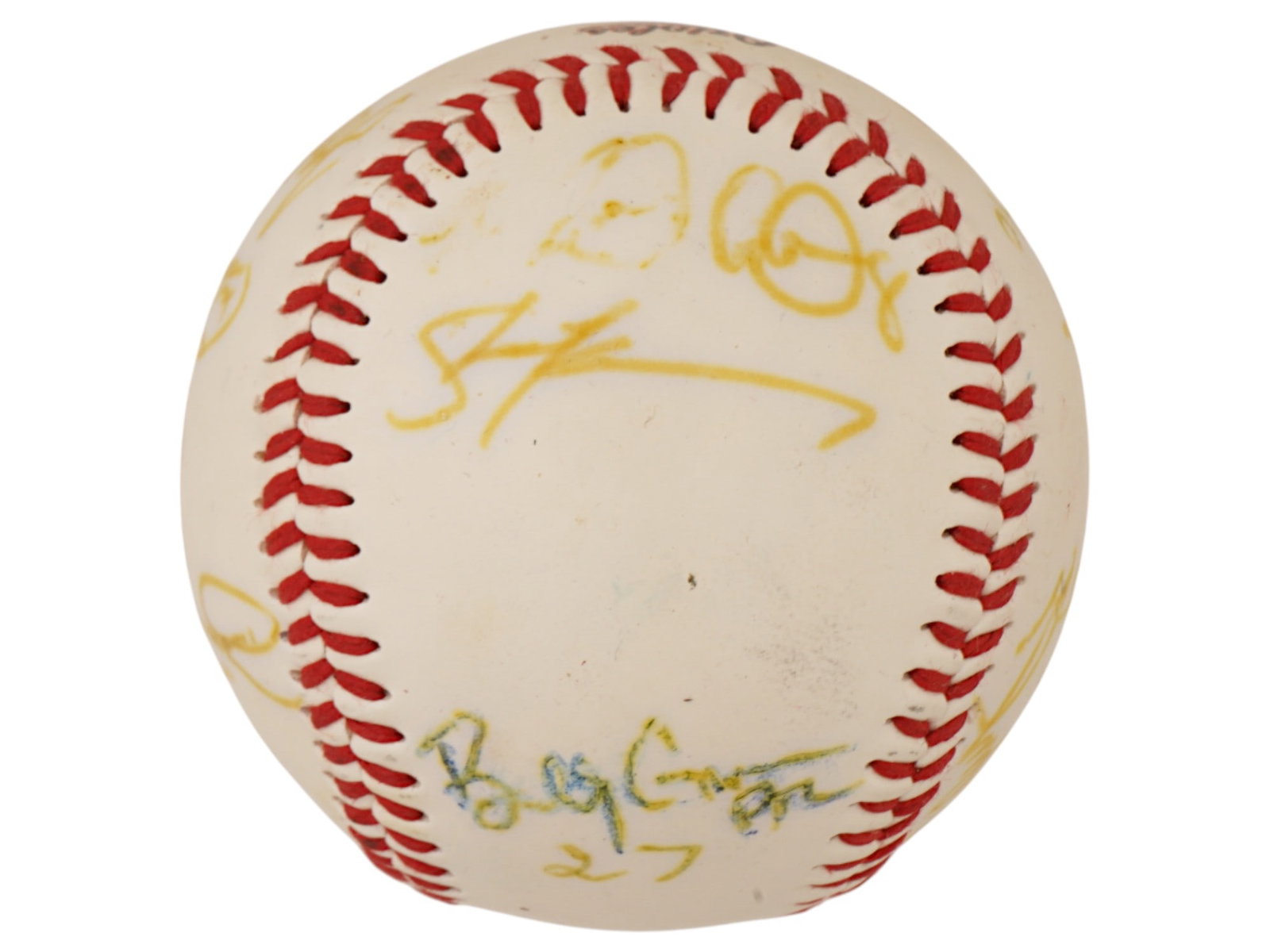 BALTIMORE ORIOLES PARTIAL TEAM SIGNED BALL: A Rawlings official baseball featuring multiple signatures from the Baltimore Orioles, likely collected during a spring training session. It represents a specific era of the team's roster. Orioles, ML