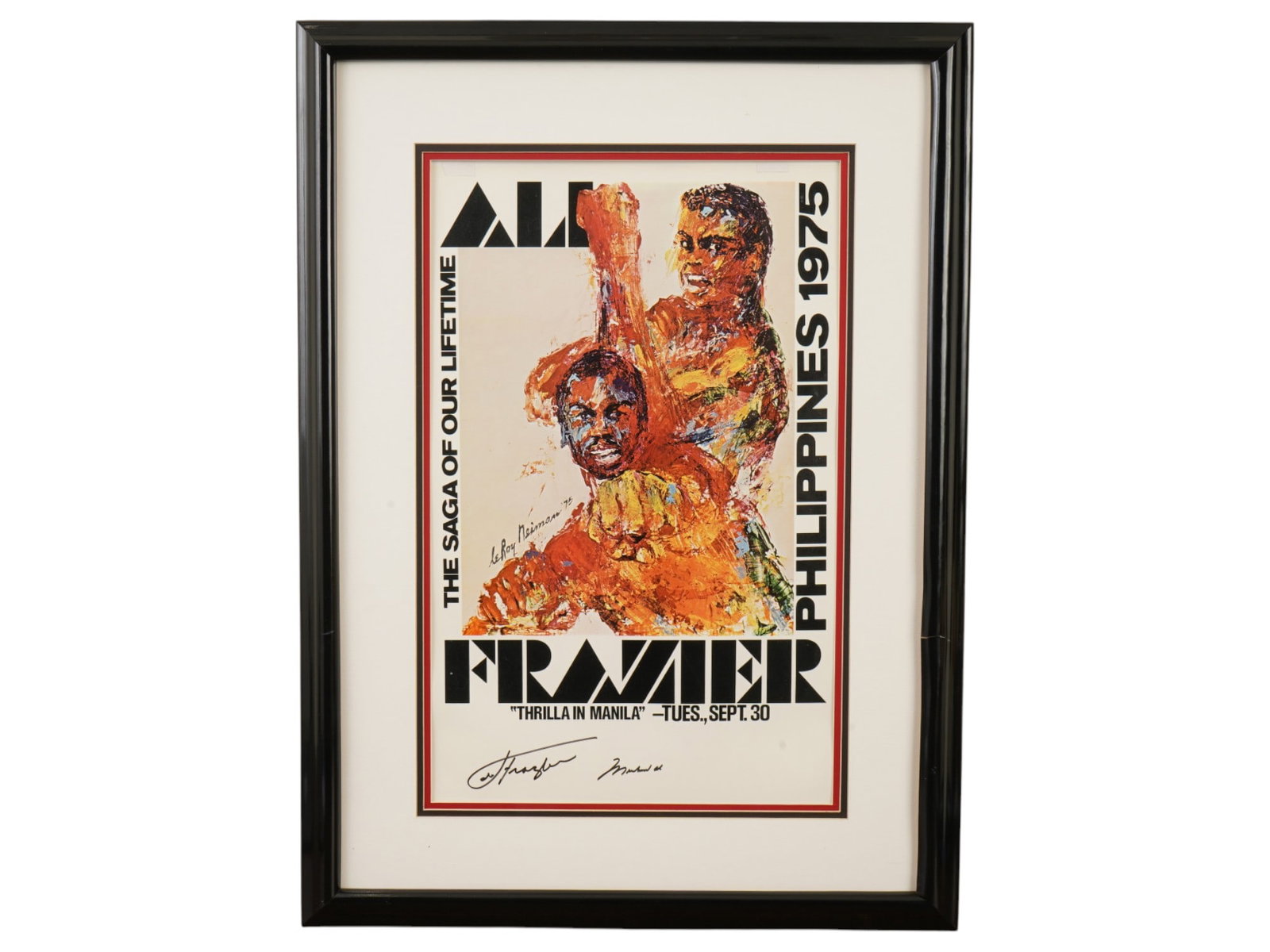 ALI VS FRAZIER THRILLA IN MANILA SIGNED POSTER: This historic framed poster commemorates the "Thrilla in Manila" bout and is hand-signed by boxing legends Muhammad Ali and Joe Frazier. The item includes a Certificate of Authenticity and photos docu