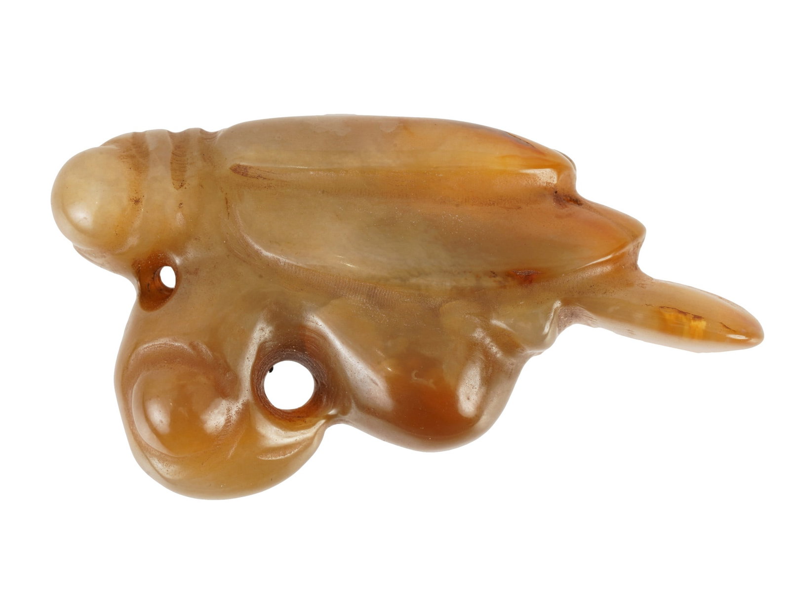CHINESE CARVED JADE CICADA AMULET PENDANT: A Chinese carved jade cicada amulet pendant. The pendant is carved in the form of a cicada insect featuring stylized, elongated wings and a segmented body. The stone presents a yellowish-brown tone wi