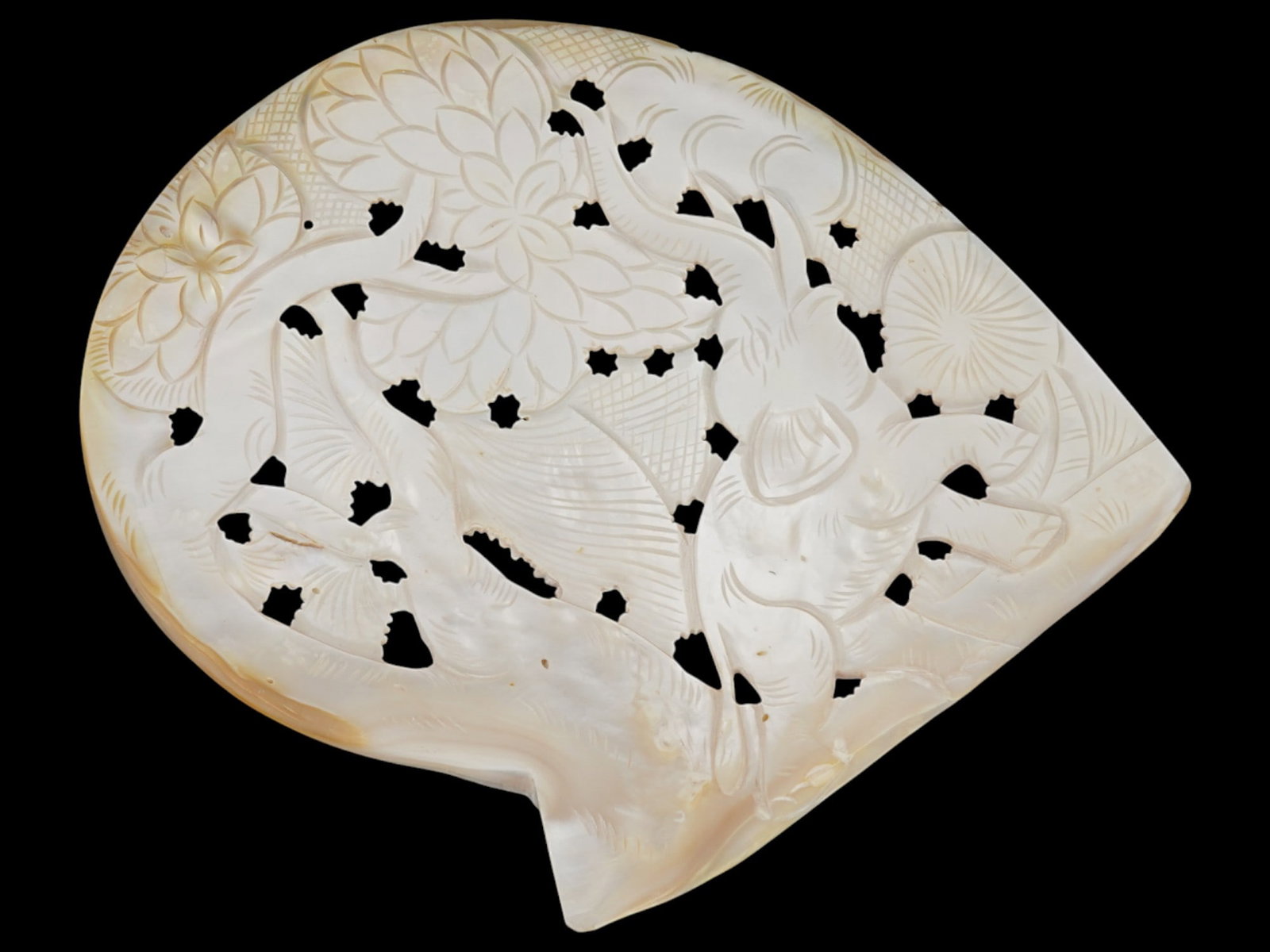 CHINESE REPUBLIC CARVED MOTHER OF PEARL SHELL PLAQUE: A Chinese hand-carved mother-of-pearl shell plaque. Republic of China era, ca. 1912 to 1949. The item represents an elephant and blooming trees. Pierced details. Collectible Oriental Asian Decor, Carv