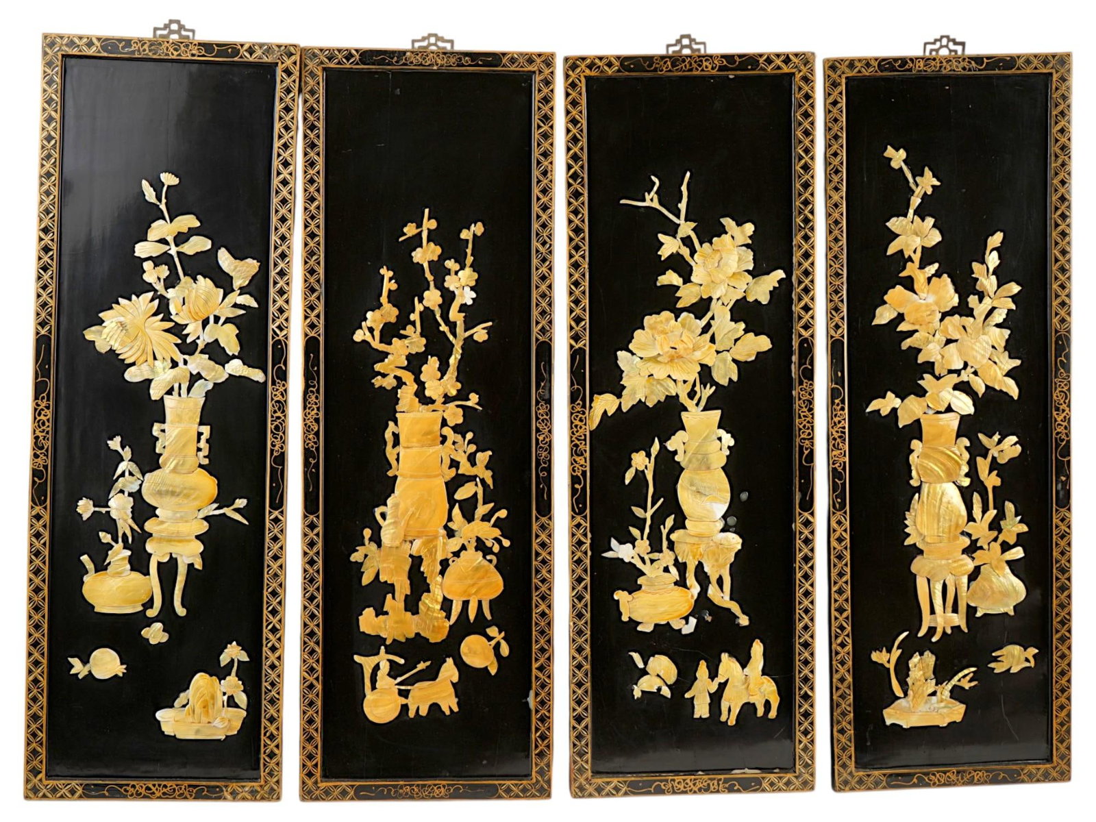 CHINESE QUADRIPTYCH SET OF FOUR CARVED WALL PANELS (1 of 12)