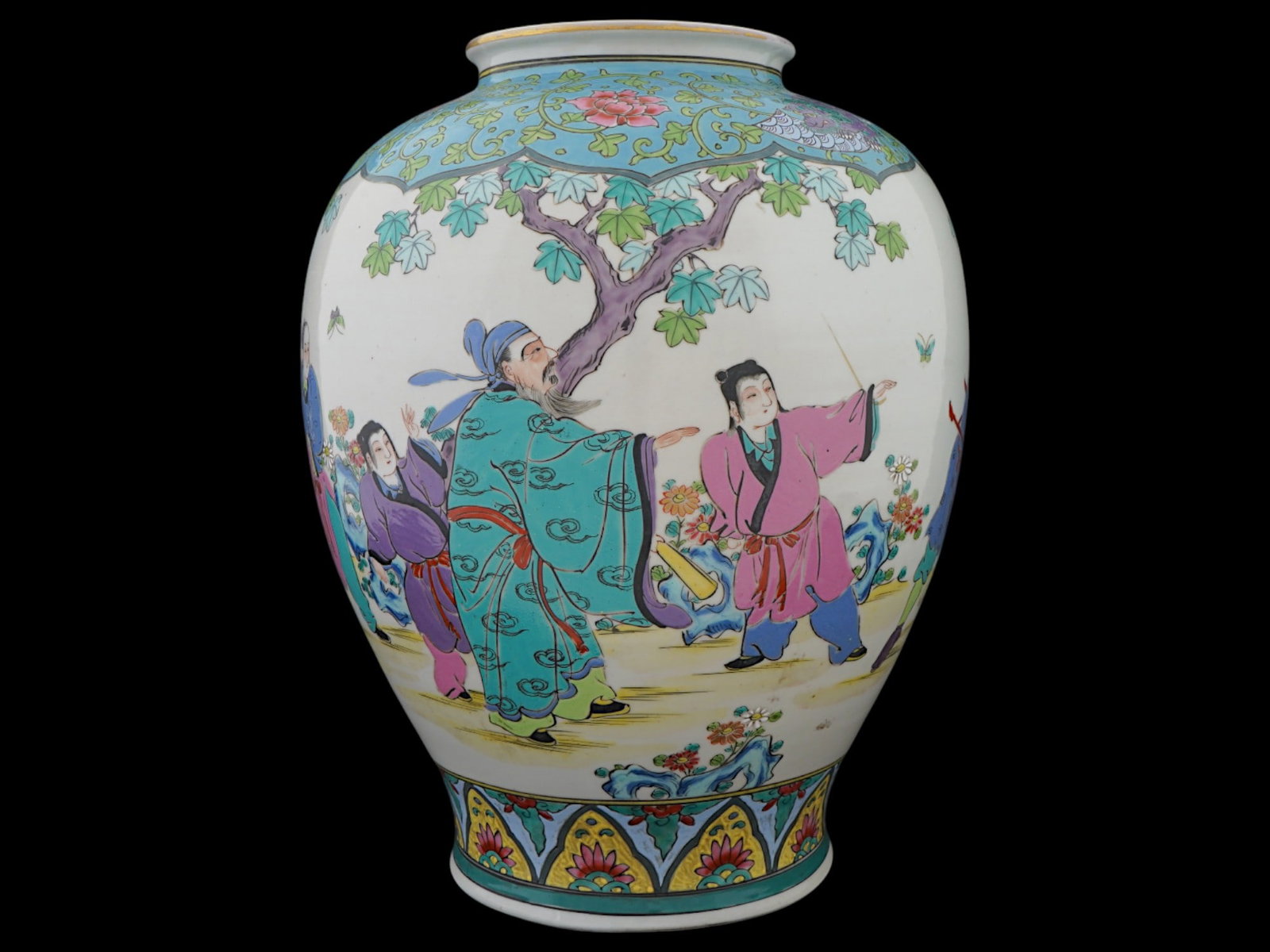 CHINESE FAMILLE ROSE HAND PAINTED PORCELAIN VASE: A Chinese Famille Rose hand painted porcelain vase. The vase has a globular shape with a wide neck. The exterior of the vase is adorned with a continuous genre scene. The neck and the base are adorned