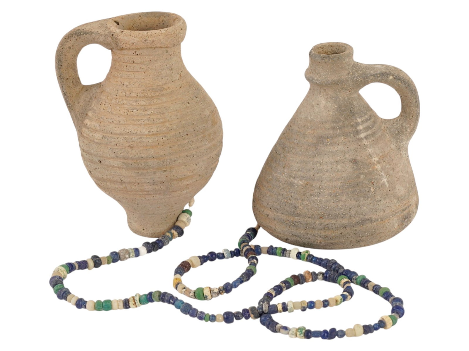 ANCIENT ROMAN TERRACOTTA JUGS AND GLASS BEAD NECKLACE (1 of 8)