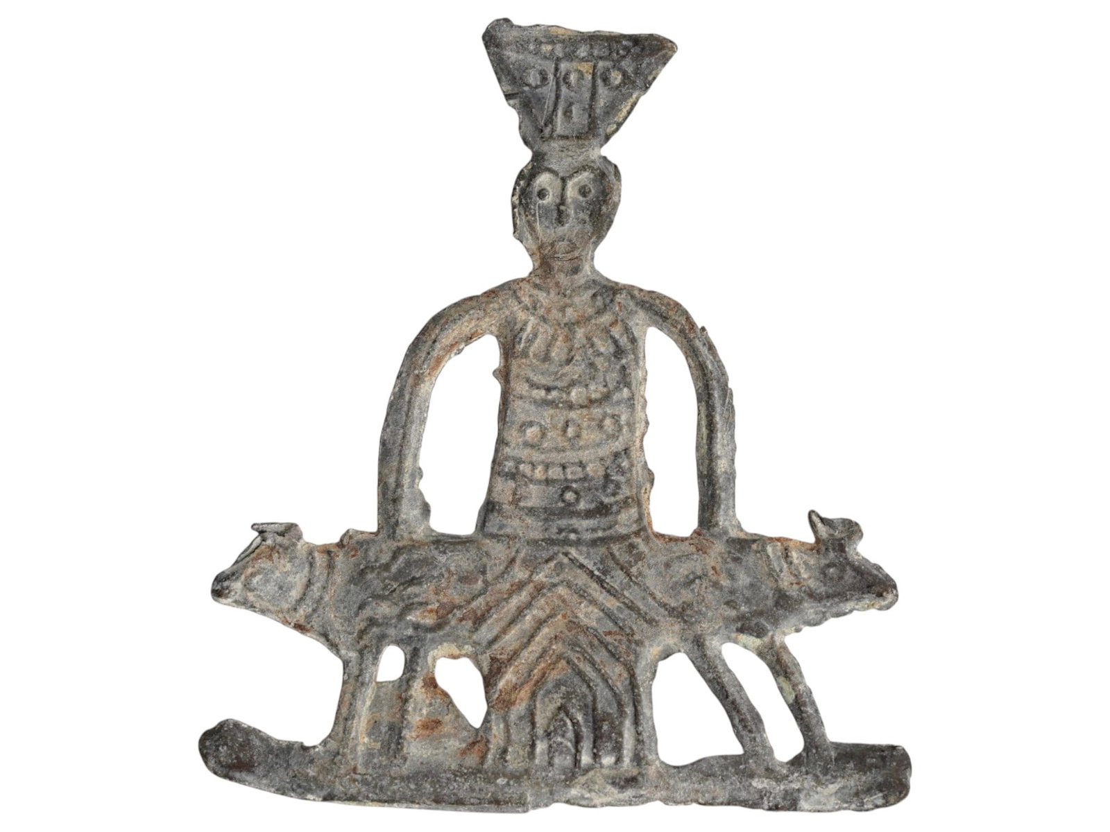 ANCIENT ROMAN VOTIVE PLAQUE JUPITER HELIOPOLITANUS: An ancient Roman bronze plaque, the Heliopolitan Jupiter with two bulls. Late Republic to Imperial era, ca. 200 BC to 200 AD. The cult of Jupiter Heliopolitanus evolved from the ancient Canaanite reli