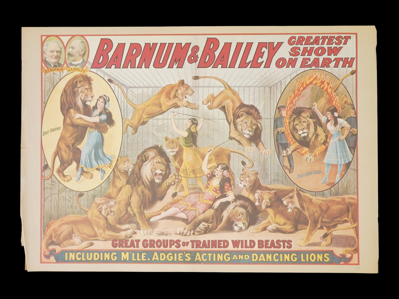 BARNUM AND BAILEY SHOW AMERICAN LITHOGRAPH POSTER: A color lithographic poster on paper, The Barnum and Bailey Greatest Show on Earth. Great Groups of Trained Wild Beasts. Mlle Adgis Acting and Dancing Lions. Marked in the print, Cincinnati and New Yo