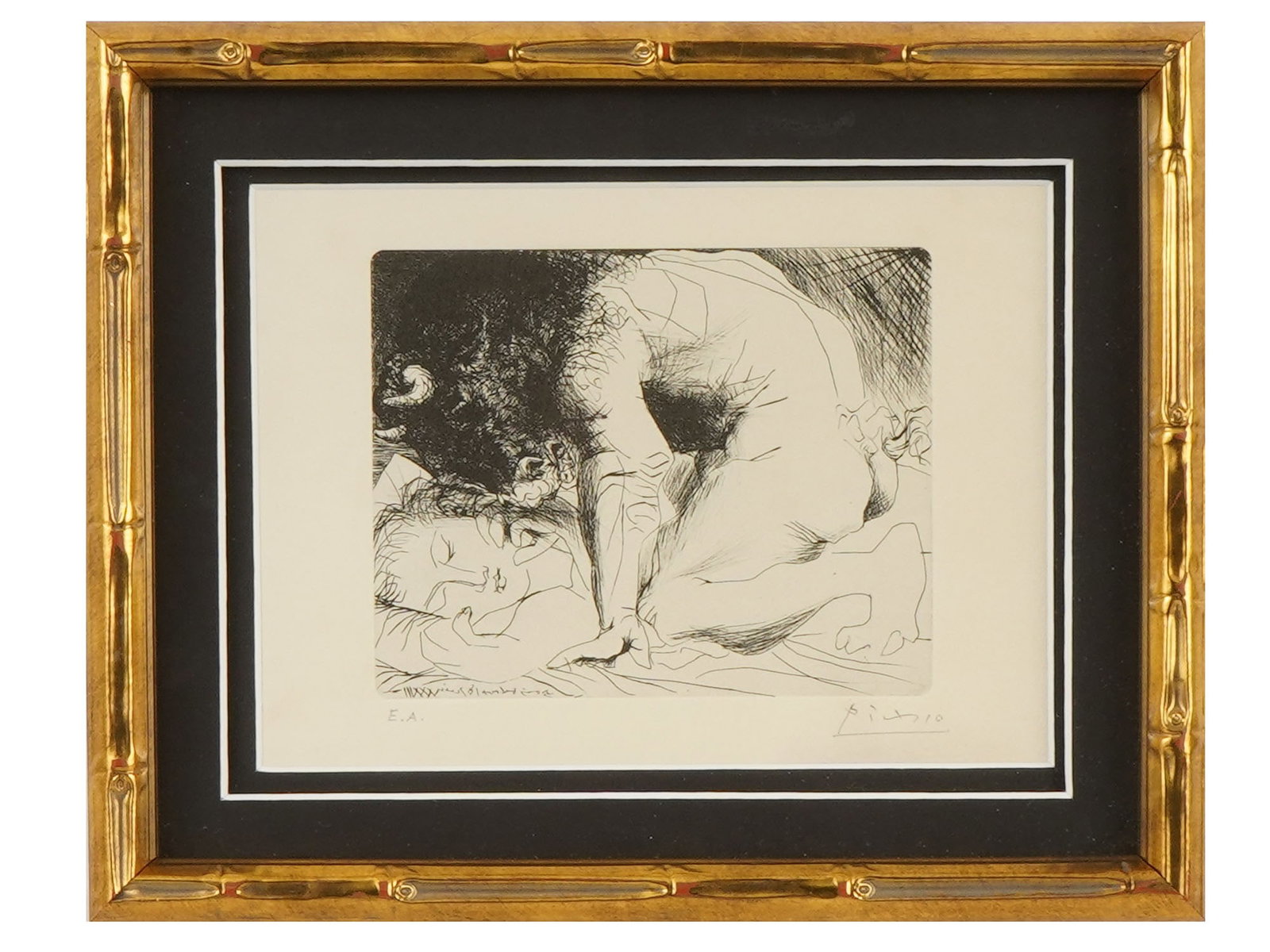 ETCHING MINOTAUR SLEEPING GIRL BY PABLO PICASSO: An etching titled Minotaur Caressing the Hand of a Sleeping Girl with his Face by Pablo Picasso, created in 1933 as part of the renowned Suite Vollard series commissioned by Ambroise Vollard. The comp